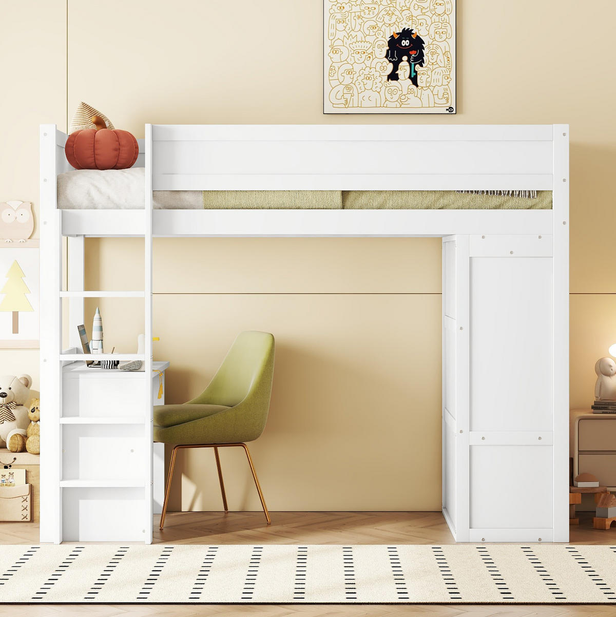 HOCHBETT mit Schreibtisch 90/200 cm in Weiß – mit Kleiderschrank und Schubladen - Weiß, Holz (90/200cm) - BEAOK