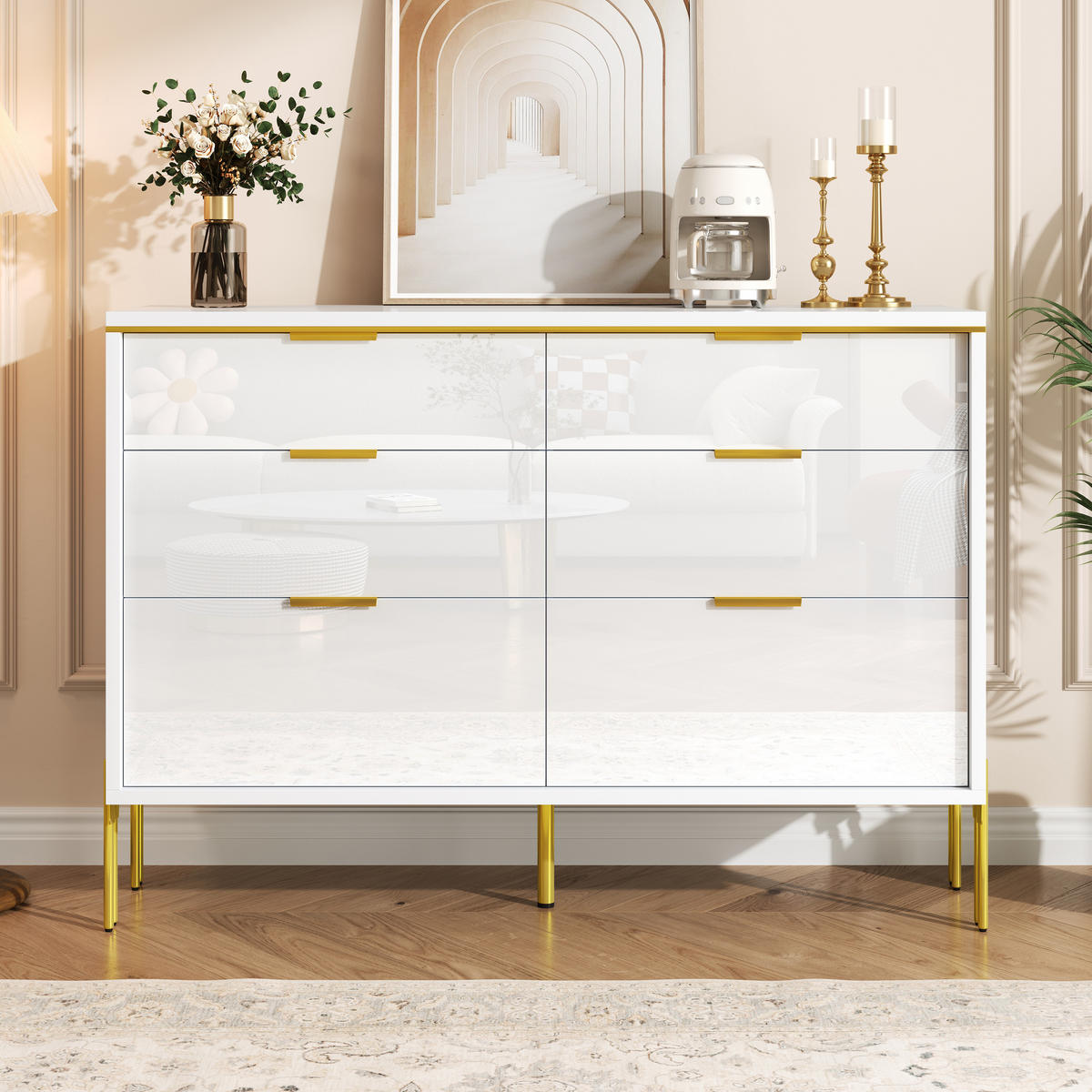 SIDEBOARD 6 Schubladen Weiß Gold Hochglanz Stauraum - Weiß, Holzwerkstoff (40/85.5/120cm) - FLIEKS