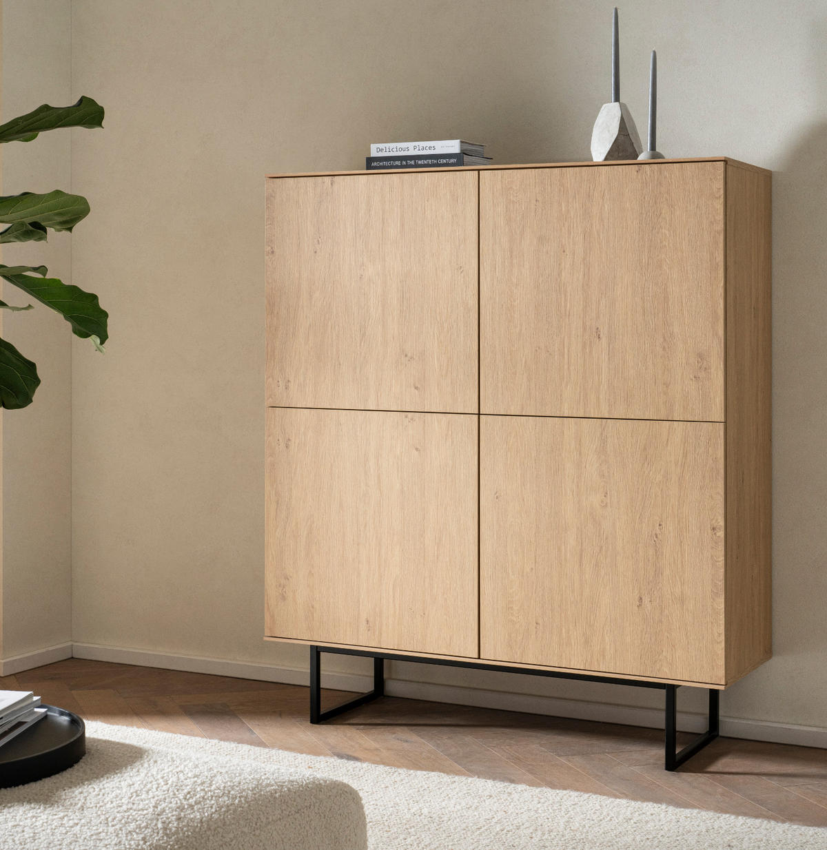 HIGHBOARD Stone Eiche, Kommode 115 x 137 cm, mit Push-to-Open - Eichefarben/Schwarz, Holzwerkstoff/Metall (115/137/40cm) - Furn.Design