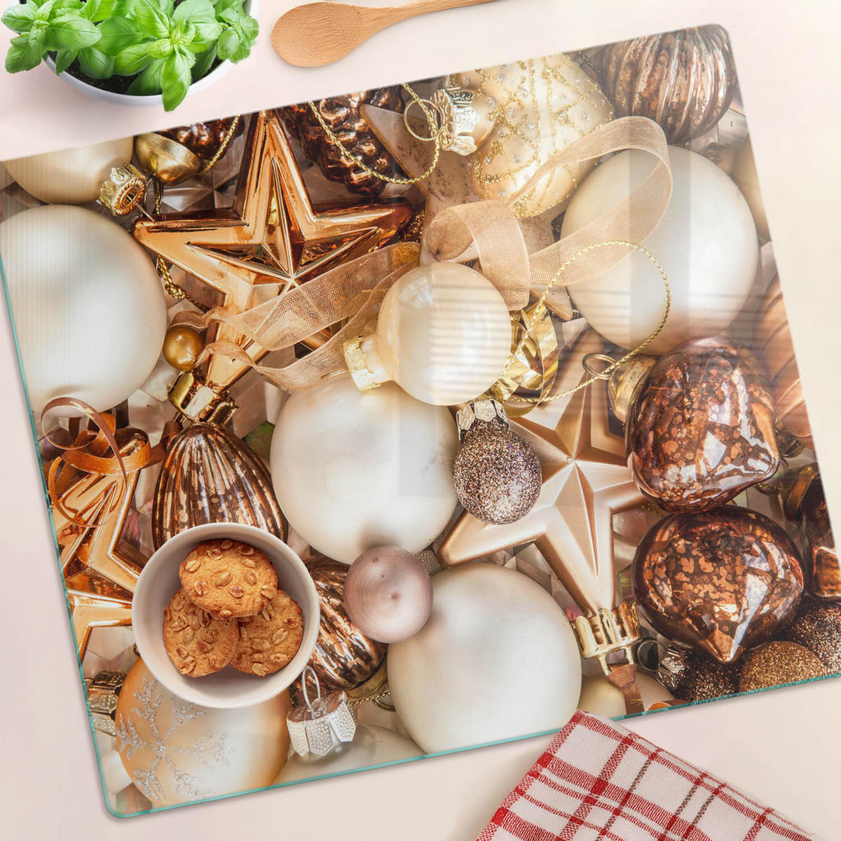 GLASPLATTE 60x52 cm Weihnachtskugeln - Beige, Glas (60/0.4/52cm) - TULUP