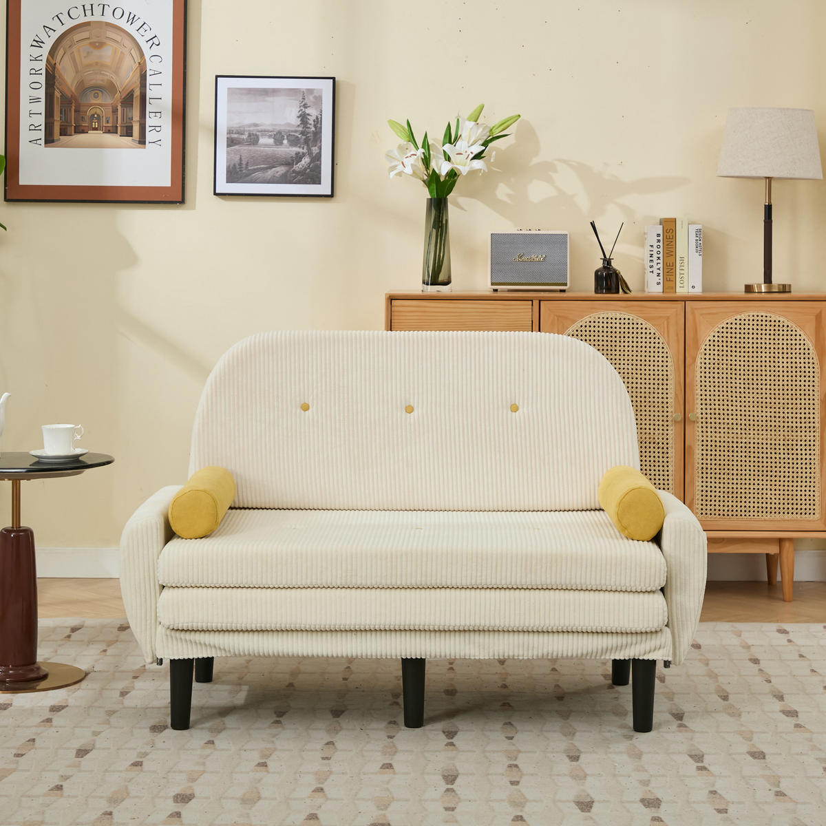 2-SITZER SCHLAFSOFA Cord Elfenbein mit 2 Kissen und Stauraum - Beige, Kunststoff/Textil (133.5/85/77cm) - WISHDOR