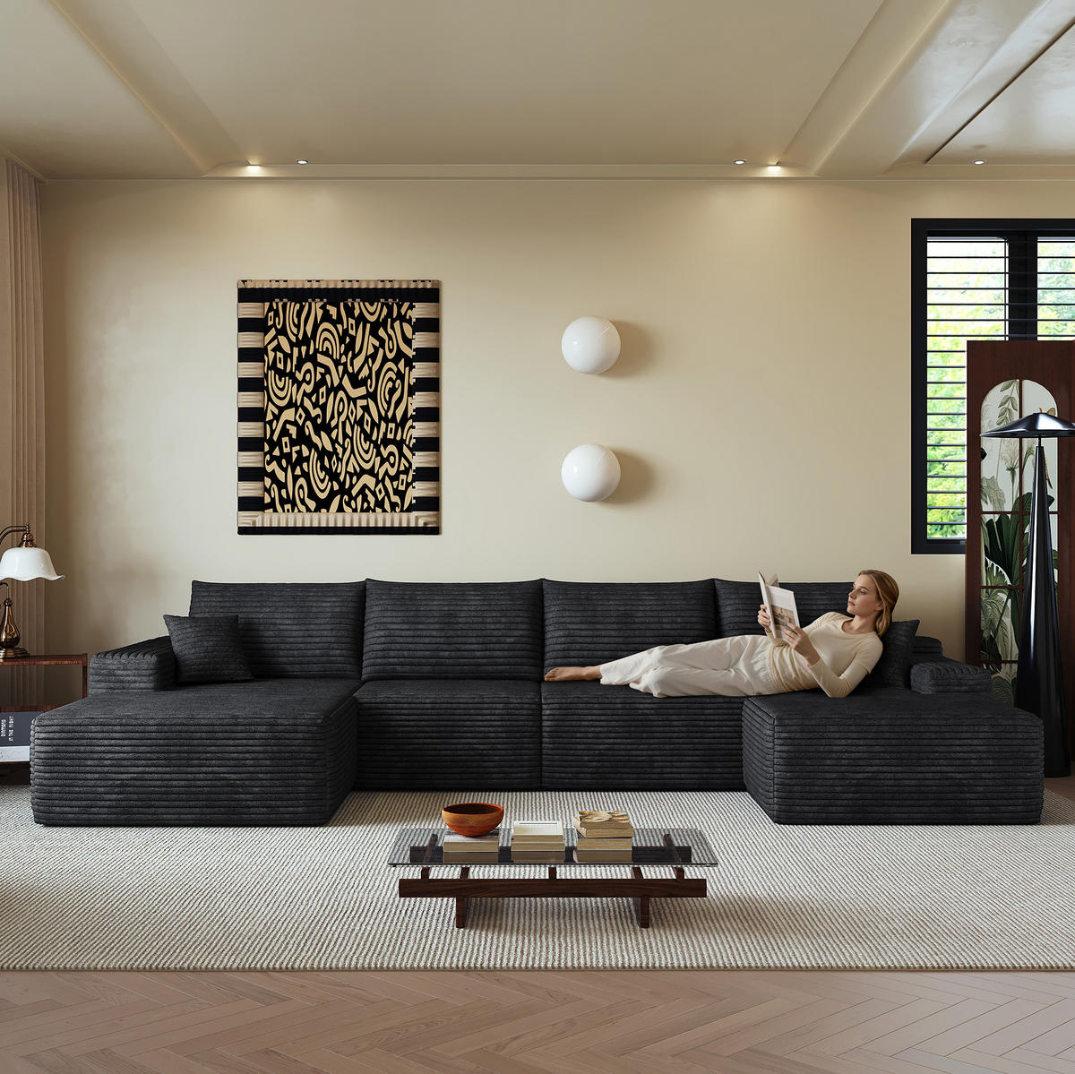 SOFA Ecksofa mit Chaiselongue 340 cm Cordstoff Schwarz - Schwarz, Kunststoff (175/83/270cm) - Meubliv