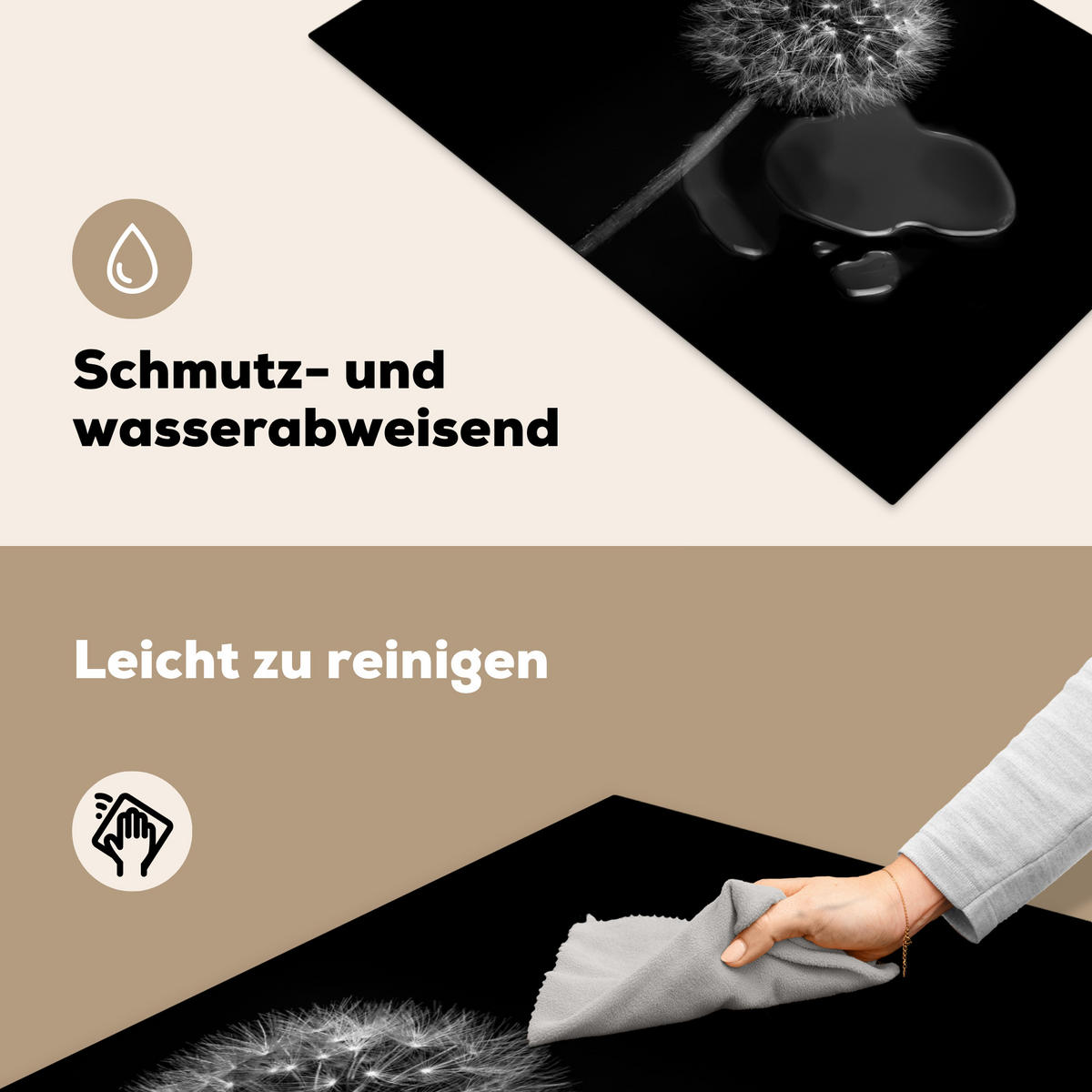 HERDABDECKPLATTE Löwenzahn - Schwarz - Floral - Botanisch 80x52 cm - Grau, Kunststoff (80/52/0.2cm) - MuchoWow