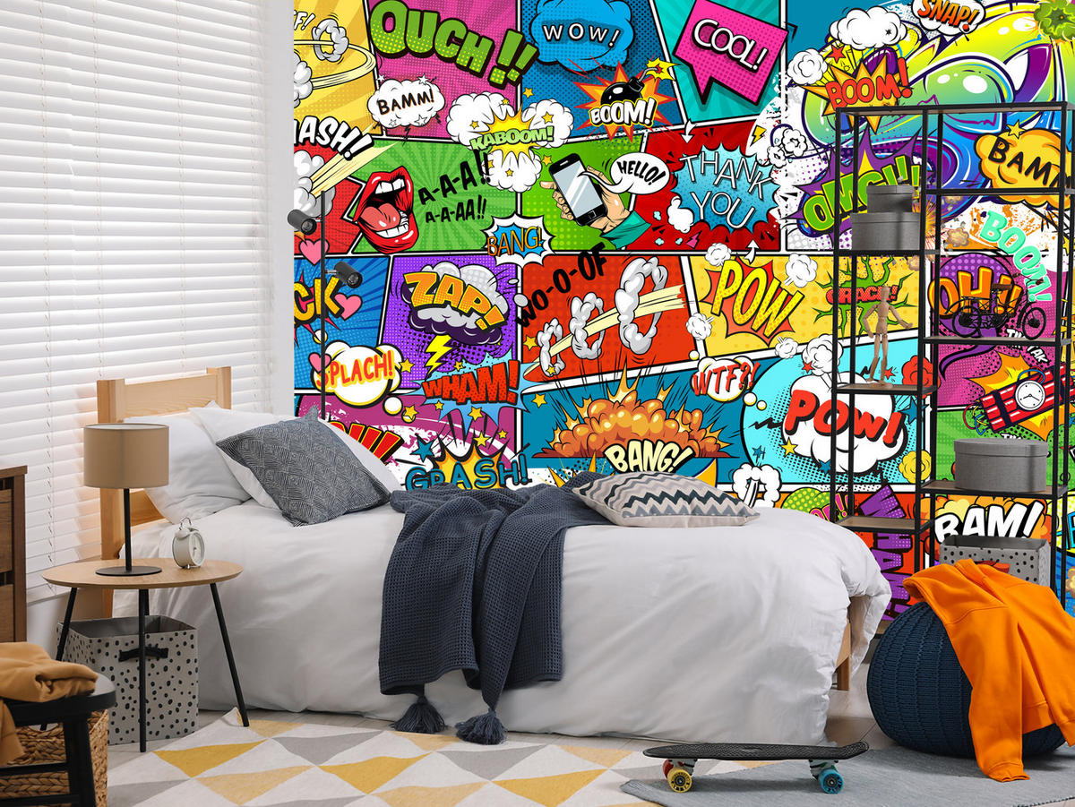 FOTOTAPETA Pre Študentskú Izbu Komiks Farebné Texty Dym Pery 300 x 210 cm - lila/oranžová, papier (300/210cm) - Muralo