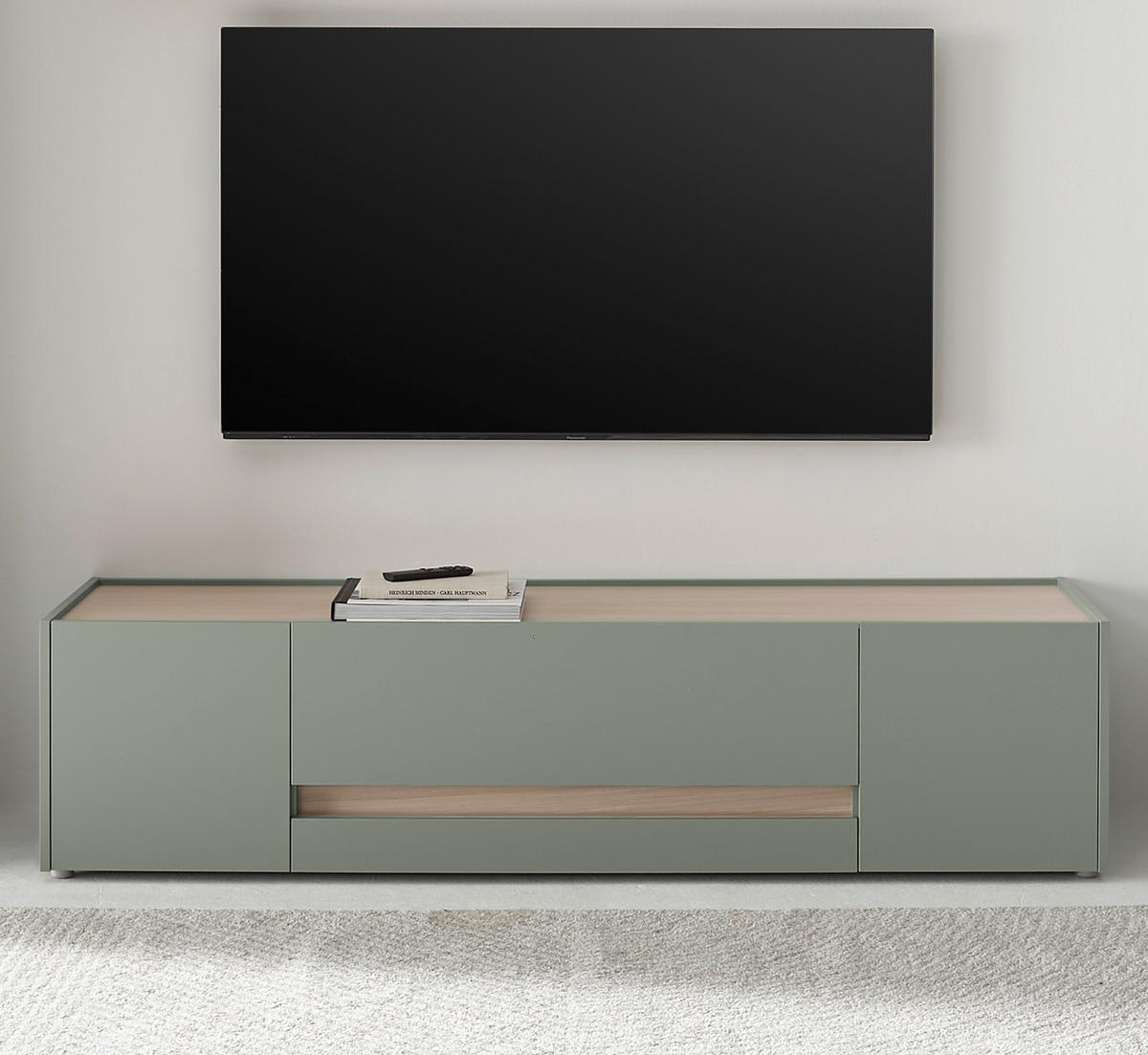 TV-LOWBOARD in Salbei grün, Barista Eiche 170 cm, TV Unterteil mit Doppel-Schubkasten - Salbeigrün/Eichefarben, Holzwerkstoff/Kunststoff (170/40/45cm) - Furn.Design
