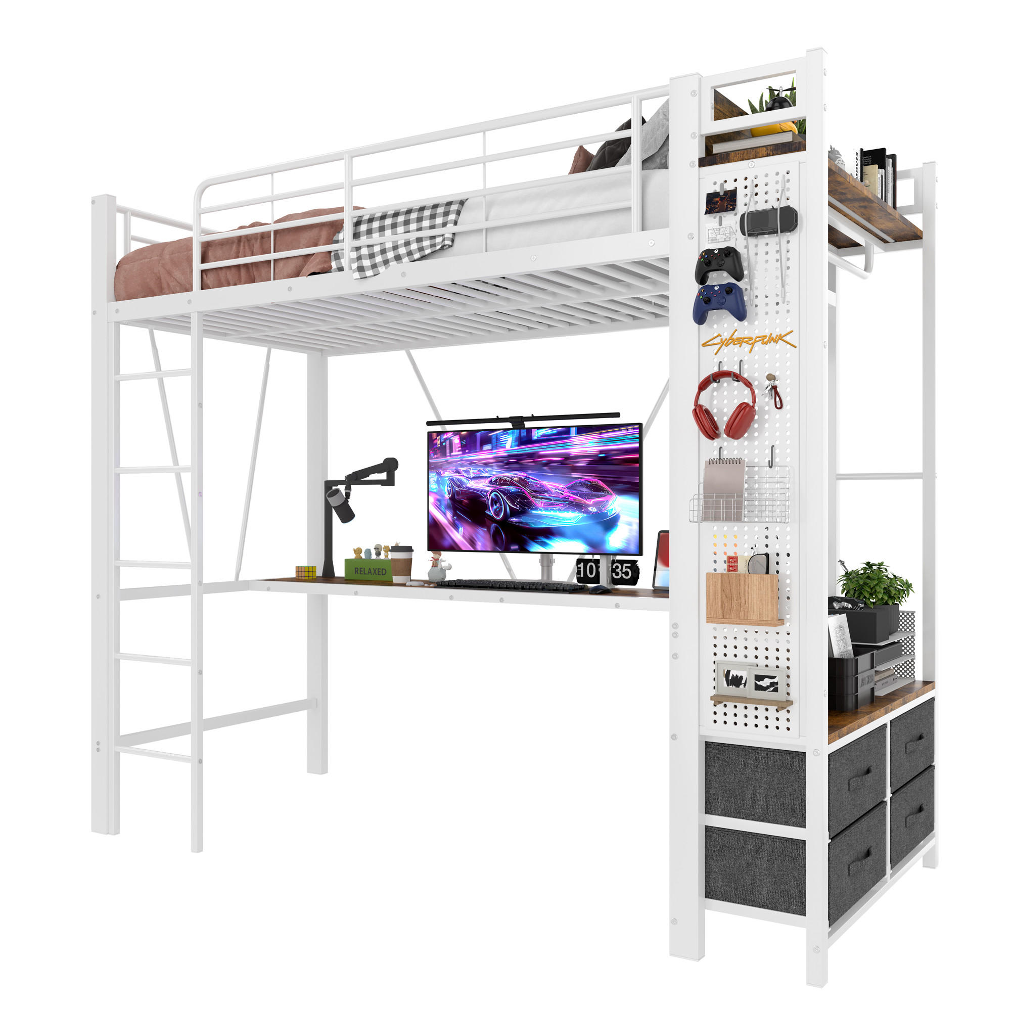 STILVORA PATROVÁ POSTEL 90/200 cm, bílá, se stolem, 4 zásuvkami, policí, LED, USB a Type-C, kovová, moderní