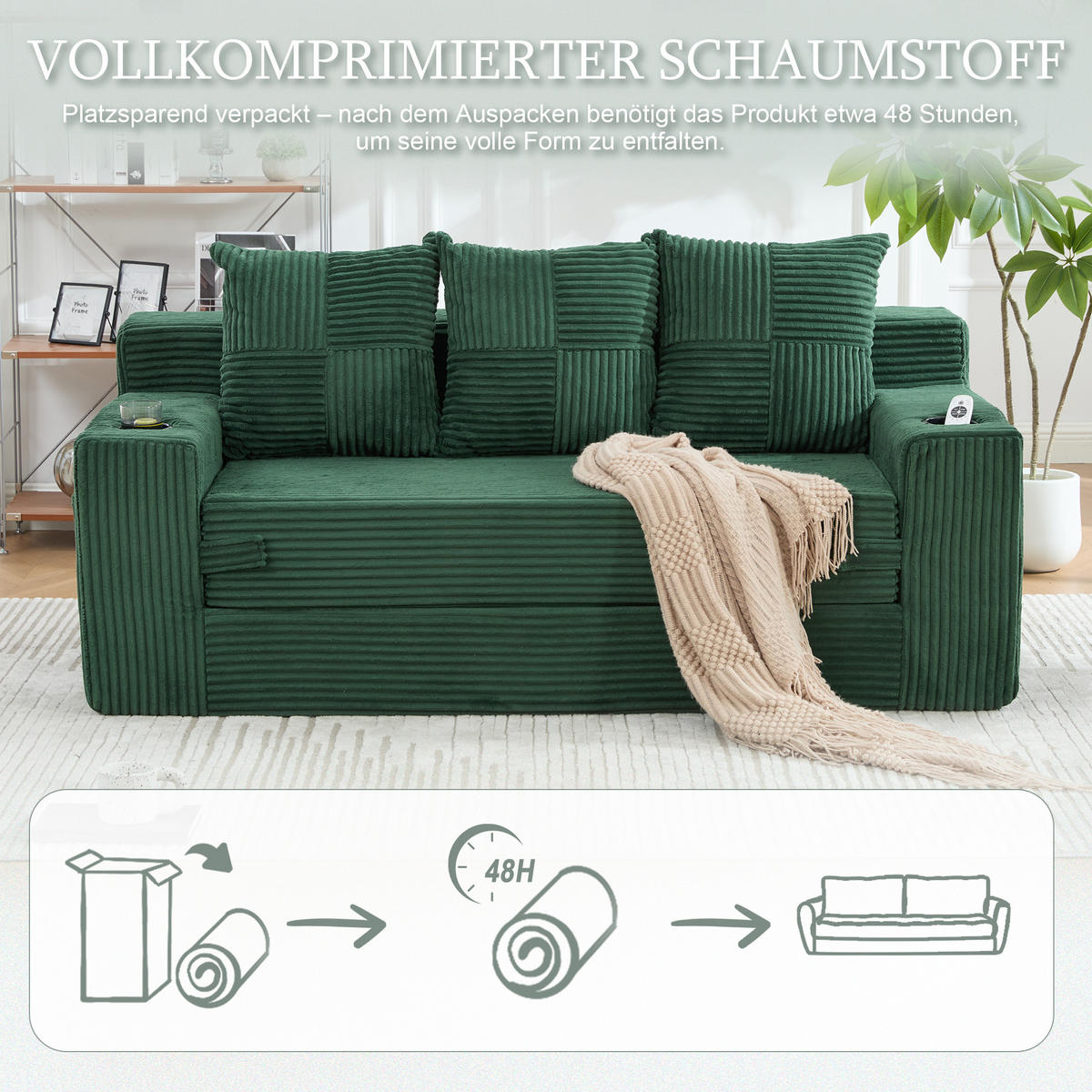 2-SITZER Bodensofa ausklappbar, Getränkehalter/Seitentaschen, Cord, Grün - Grün, Textil (172/64/87cm) - LVHOM