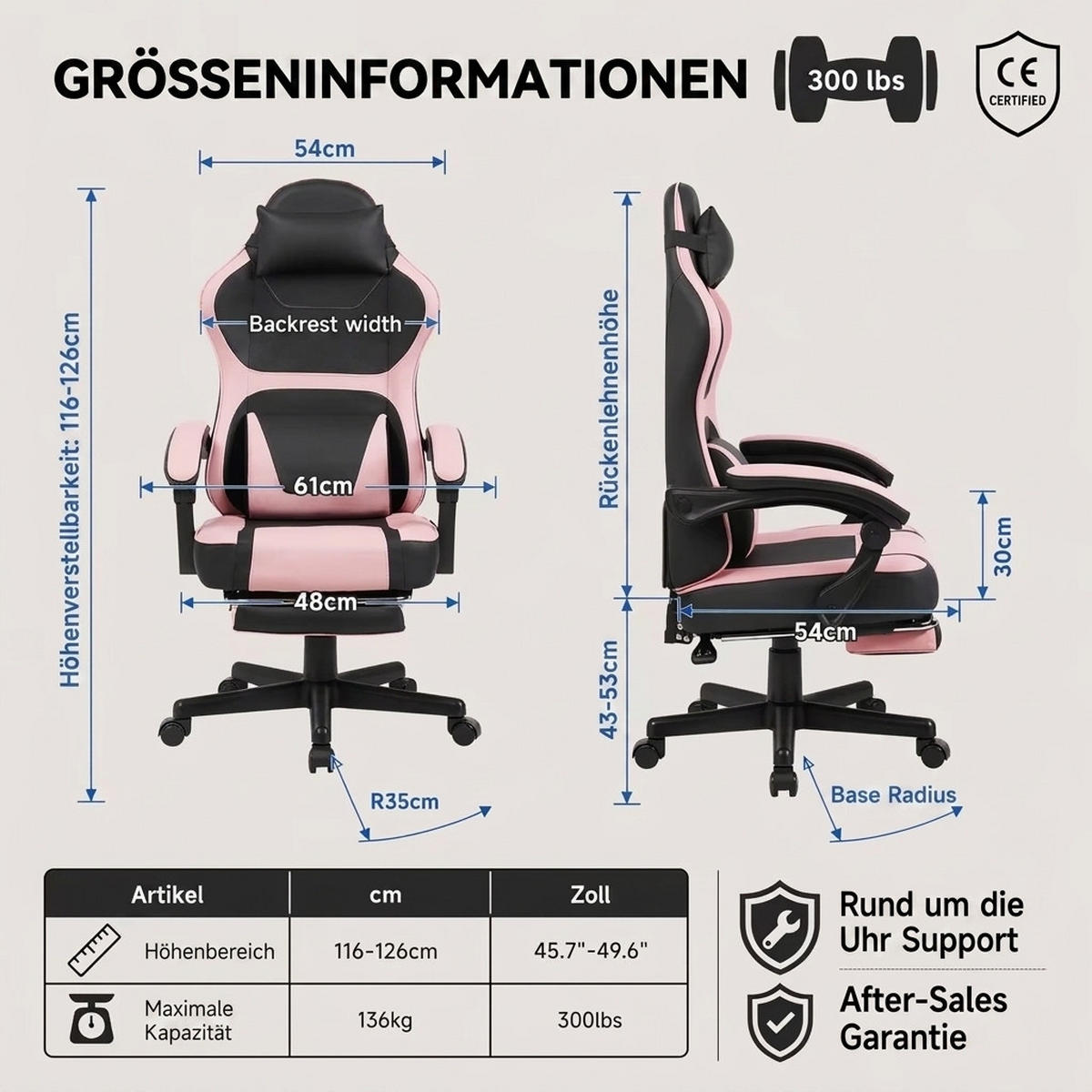 GAMING-STUHL schwarz-pink ergonomisch mit ausziehbarer Fußstütze, Nacken- und Lendenkissen, höhenverstellbar - Pink, Leder (54/116/61cm) - BRILVERDE