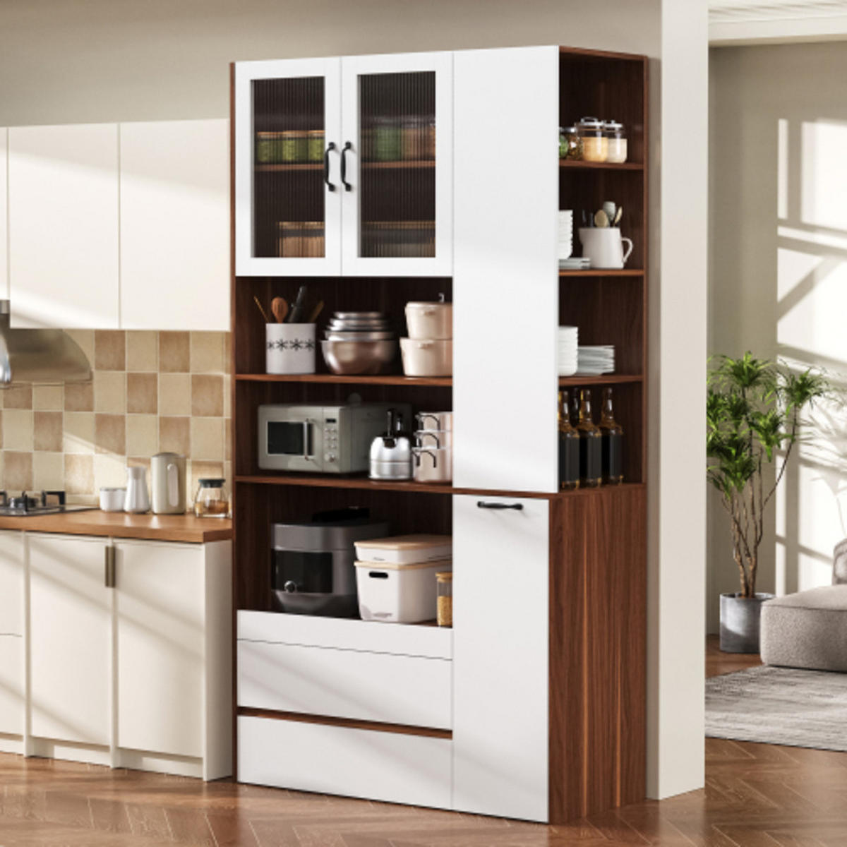HIGHBOARD mit Riffelglas weiß-walnussfarben 100×40×200 cm aus MDF - Naturfarben, Holzwerkstoff (100/200/40cm) - Luhomfu