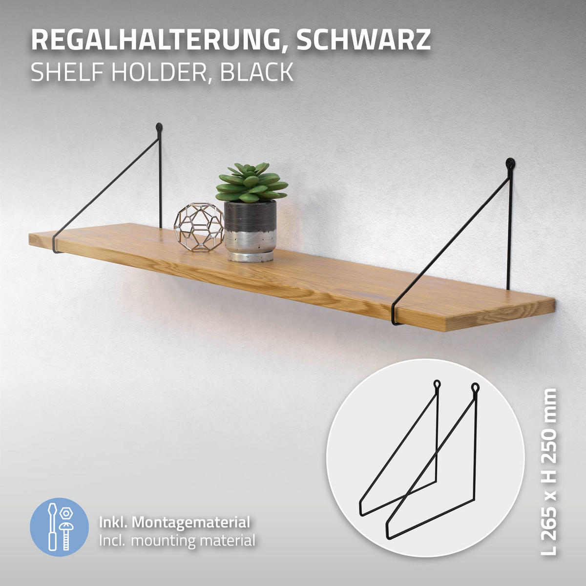 REGALHALTERUNG 2er Set 250mm Schwarz - Schwarz, Metall (25/25/25cm) - ML-DESIGN