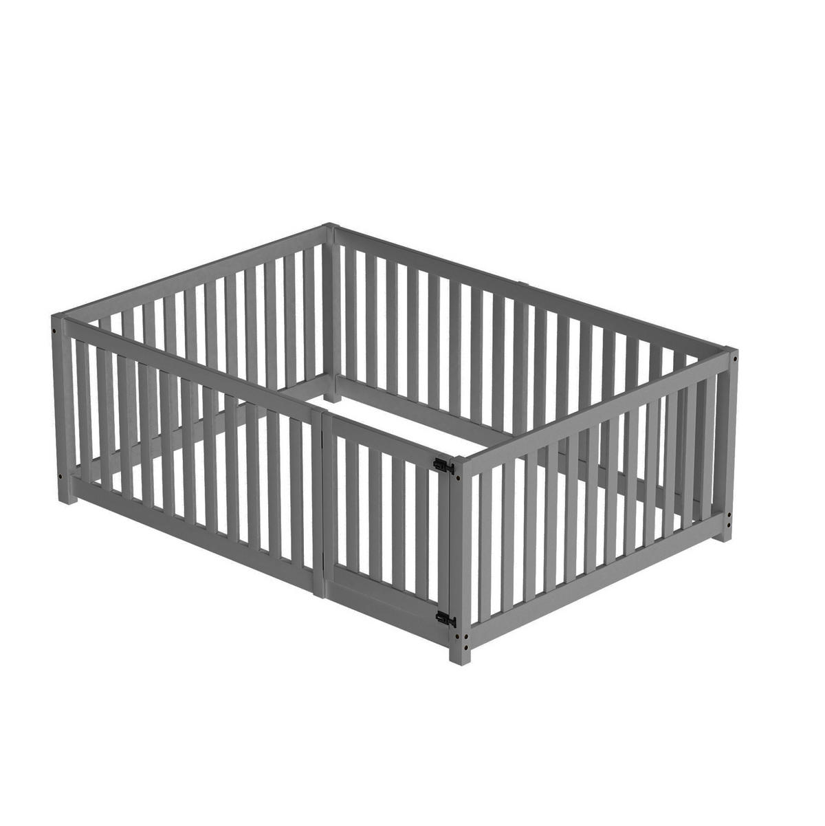 BETT 140/200 cm aus Massivholz Grau – Bodenbett mit Zaun und Tür - Grau, Holz (140/200cm) - BEAOK