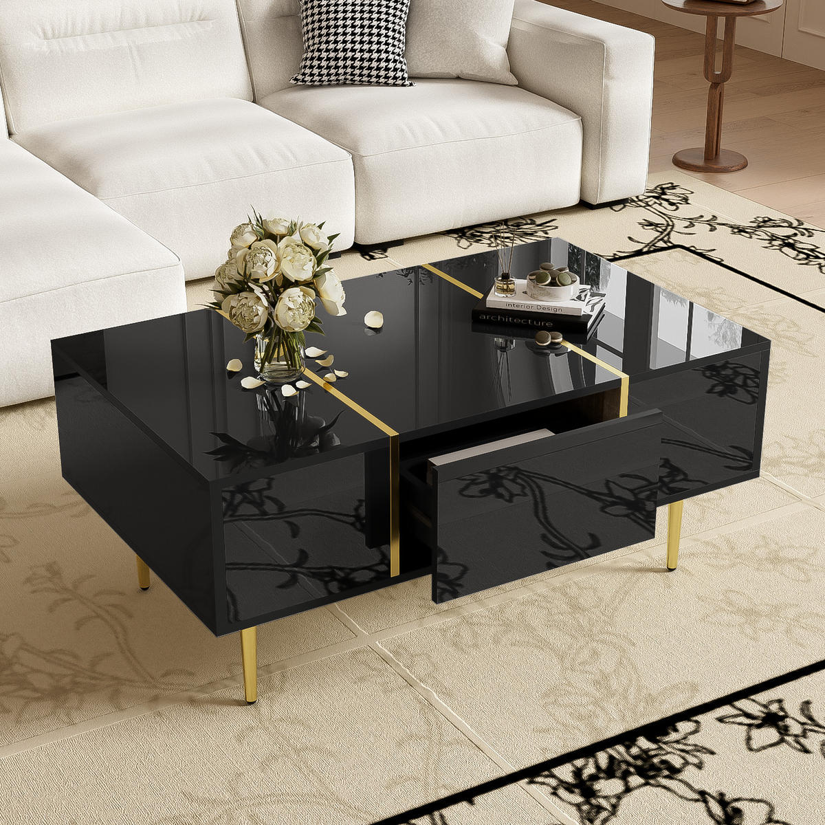 COUCHTISCH 100/60/41.5 cm schwarz aus MDF mit Hochglanz und 2 Schubladen - Schwarz, Holzwerkstoff (100/60/41.5cm) - OKMYHOME