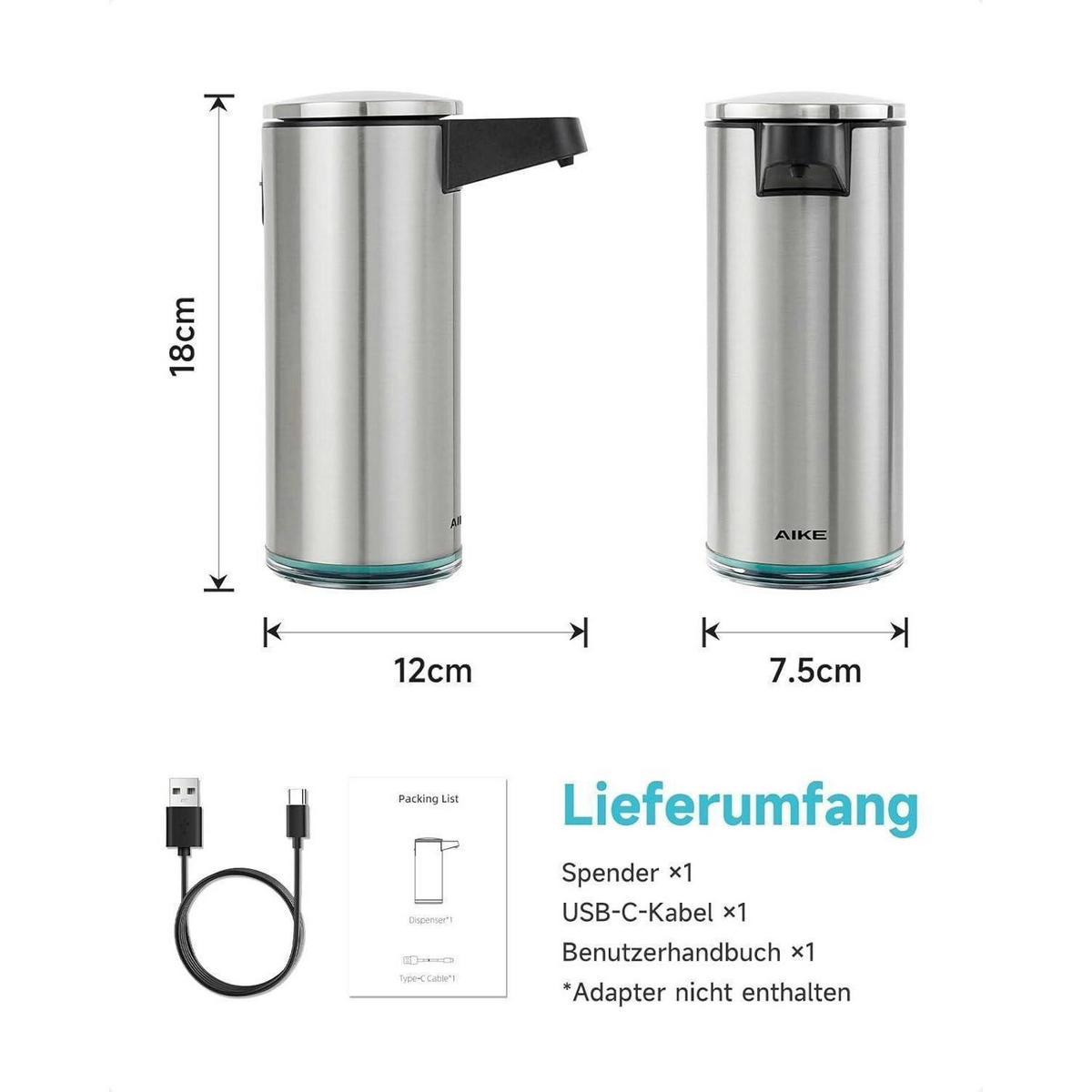 SEIFENSPENDER Automatisch Edelstahl 380ml USB-C aufladbar - Silberfarben, Metall (7.5/18/12cm)