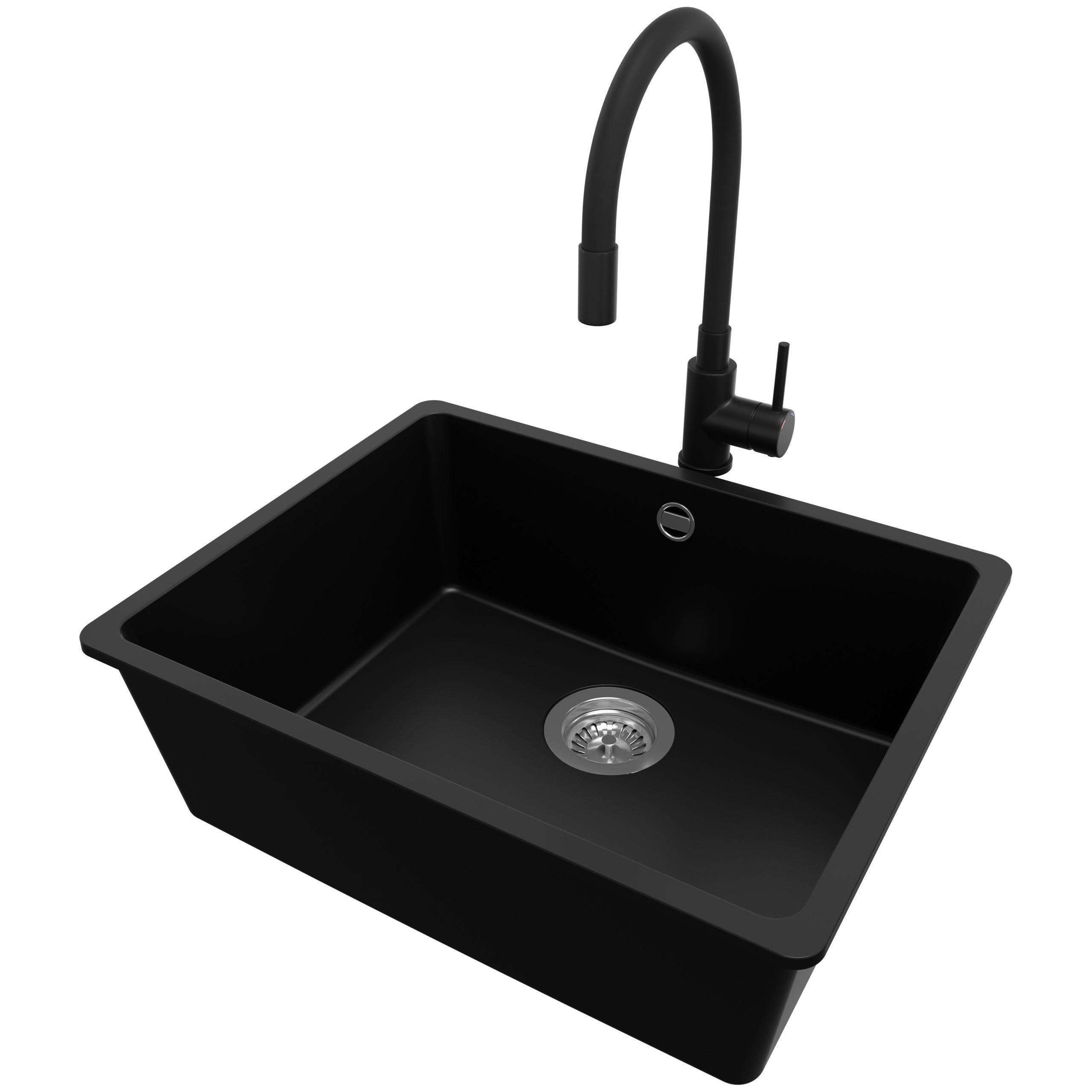 GRANITSPÜLE Venedig Slim Easy, 2-er set Schwarz 56/44 cm 1 Becken + Küchenarmatur 40/38 cm + Ablauf-Set ab 60er Unterschrank - Chromfarben/Schwarz, Kunststoff (56/20/44cm) - Primagran