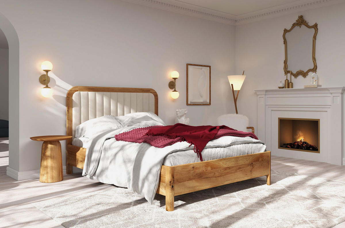 MASSIVHOLZBETT Modena, gepolstertes Kopfteil, Eiche - lackiert, Naturfarben/Ecru, 140x200 - Ecru/Eichefarben, Eichenholz/Holz (140/200cm) - Visby