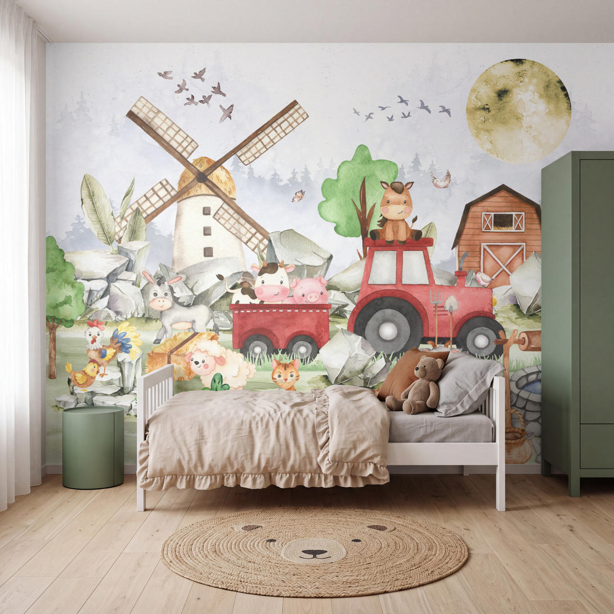 KINDERTAPETE - Bauernhof - Traktor - Kinder - Tiere - 400x300 cm - Weiß, Papier (400/300cm) - OnlyWow