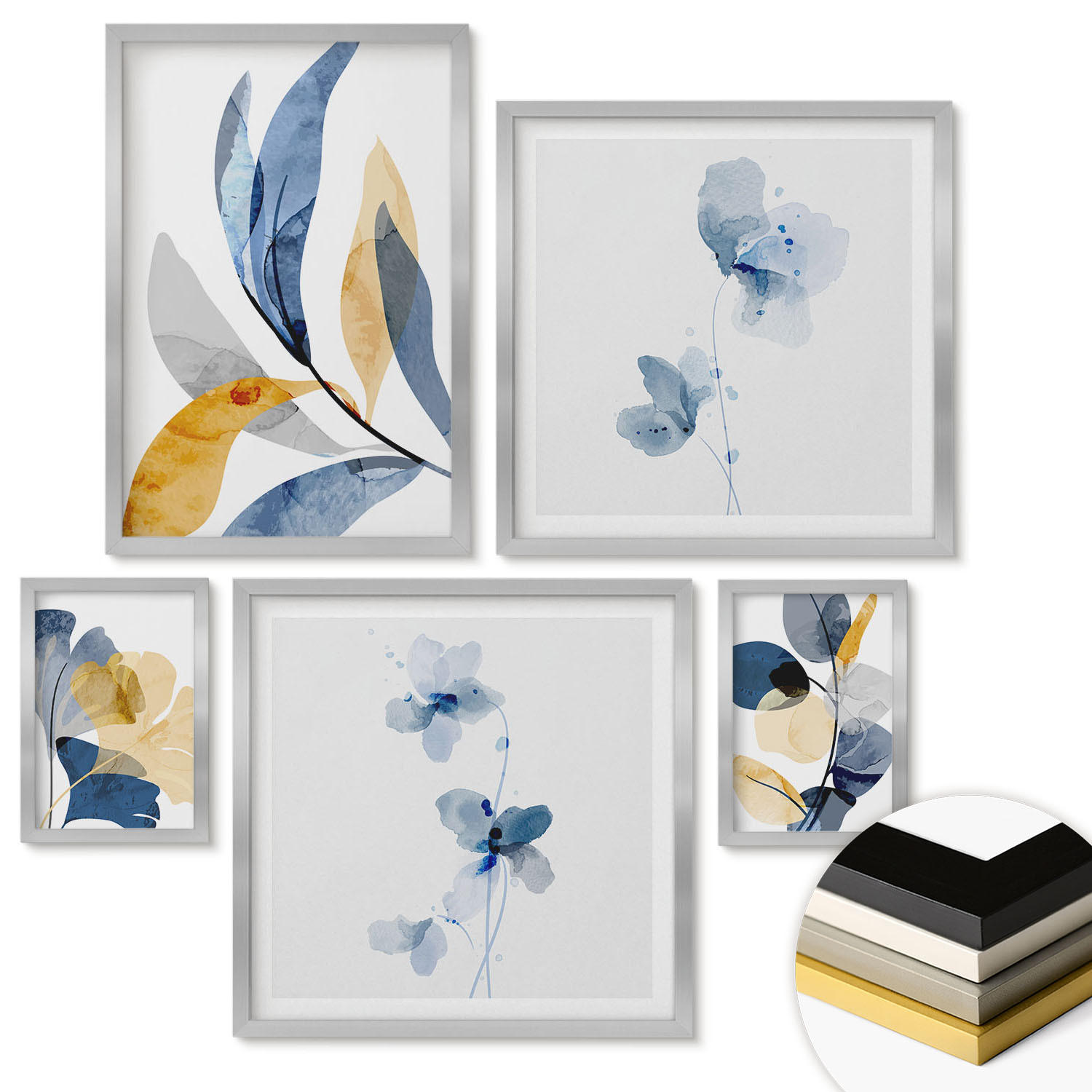 WANDBILDER 5er Set - 50x50 cm & 20x30 cm & 40x60 cm Silberner Rahmen - Aquarell-Pflanzenmotive - Silberfarben, Kunststoff (40/60cm) - ArtPrintCave