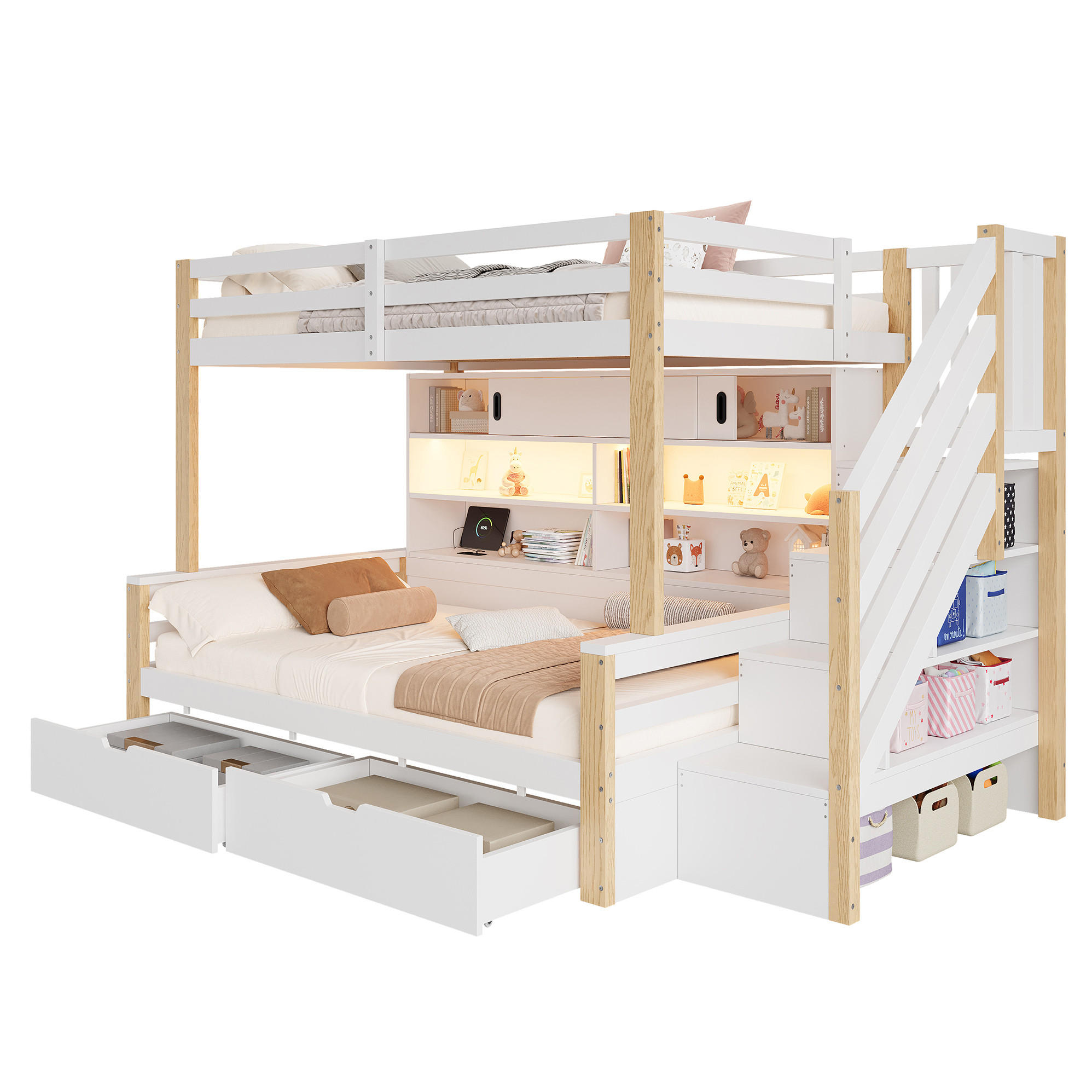 ETAGENBETT aus Kiefernholz 90x200 cm Weiß mit Stauraumtreppe, LED-Leiste und USB-Anschluss - Weiß, Holz (90/200cm) - Modfu