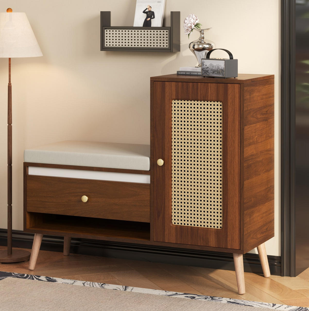 SCHUHSCHRANK aus MDF & Spanplatte 95,5x35x80,5cm in Nussbaum mit Sitzkissen - Nussbaumfarben, Holzwerkstoff (95.5/80.5/35cm) - Modfu