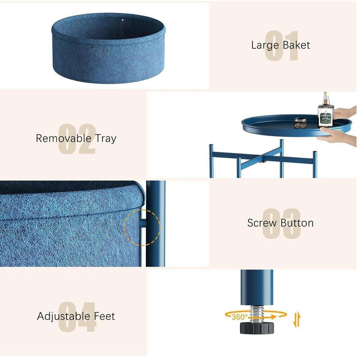 BEISTELLTISCH mit Stoffkorb Blau 44.5 x 52.1 cm - Blau, Metall (44.3/44.3/52cm)