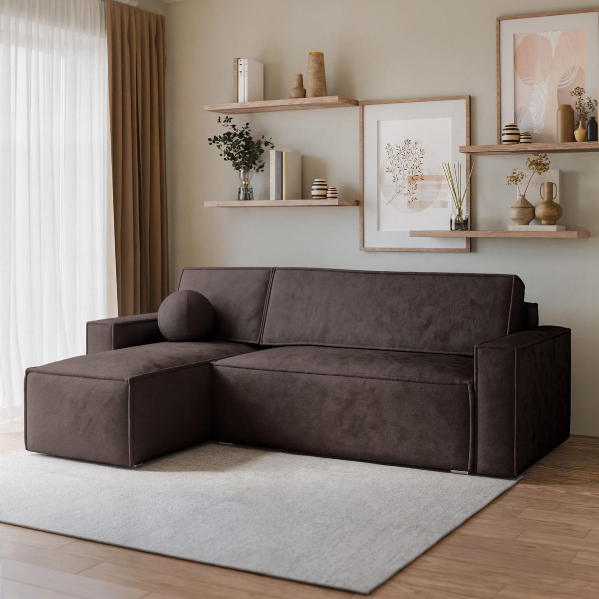 ECKSOFA RAVELO M Braun Velours-Stoff mit Schlaffunktion - Braun, Holz (240/140cm) - MASSENO