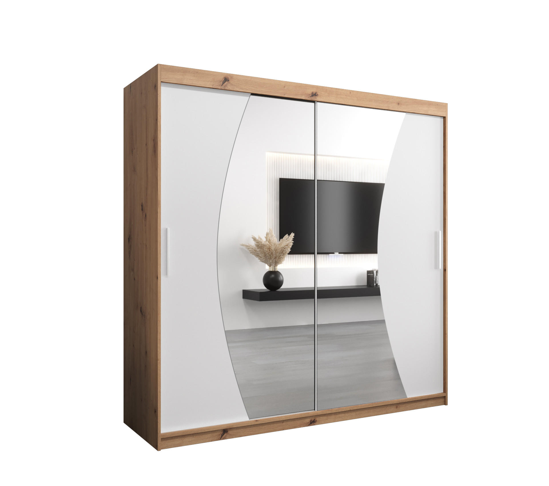 Abiks Möbel Schwebetürenschrank Eiche Artisan, Weiß 200x200x62 cm
