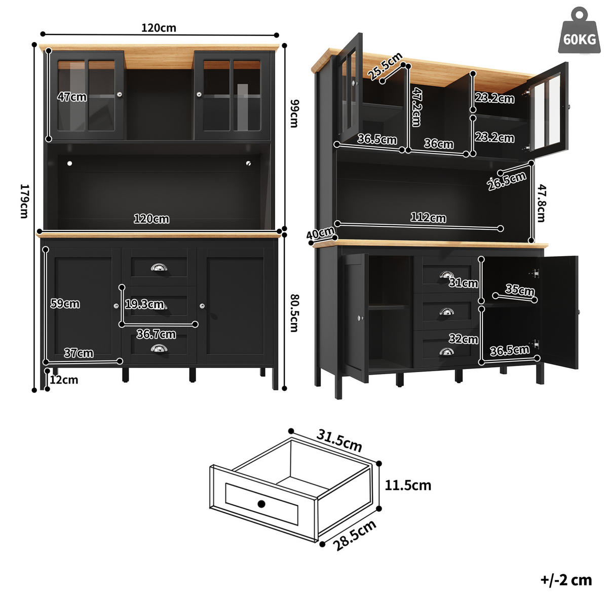 BUFFET 120/40/179 cm aus MDF und Metall mit LED-Beleuchtung Schwarz - Schwarz, Holzwerkstoff (120/179/40cm) - Modenvie