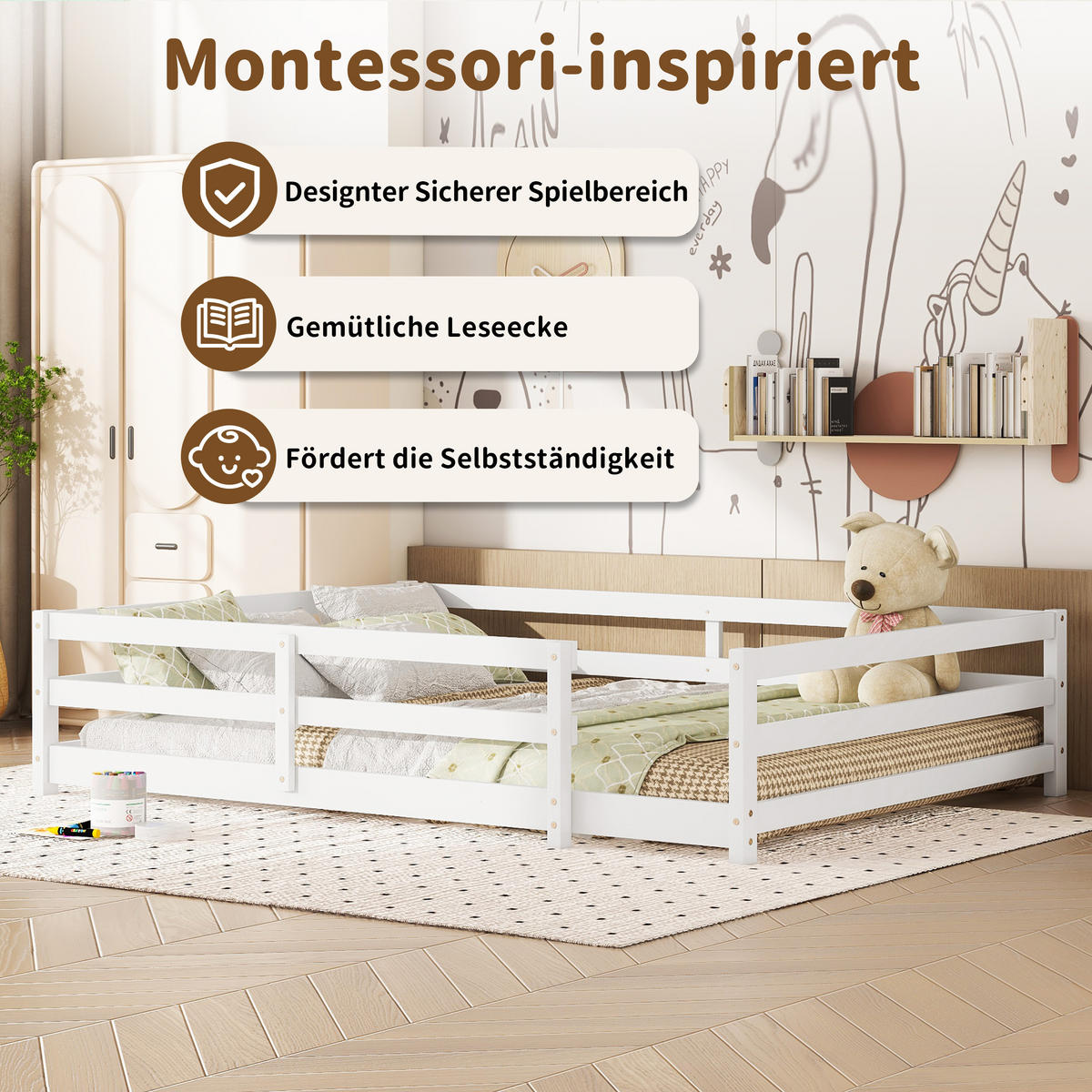 KINDERBETT 140/200 cm in Weiß aus Kiefernholz mit 4-Seiten-Gitter - Weiß, Holz/Holzwerkstoff (140/200cm) - WISHDOR