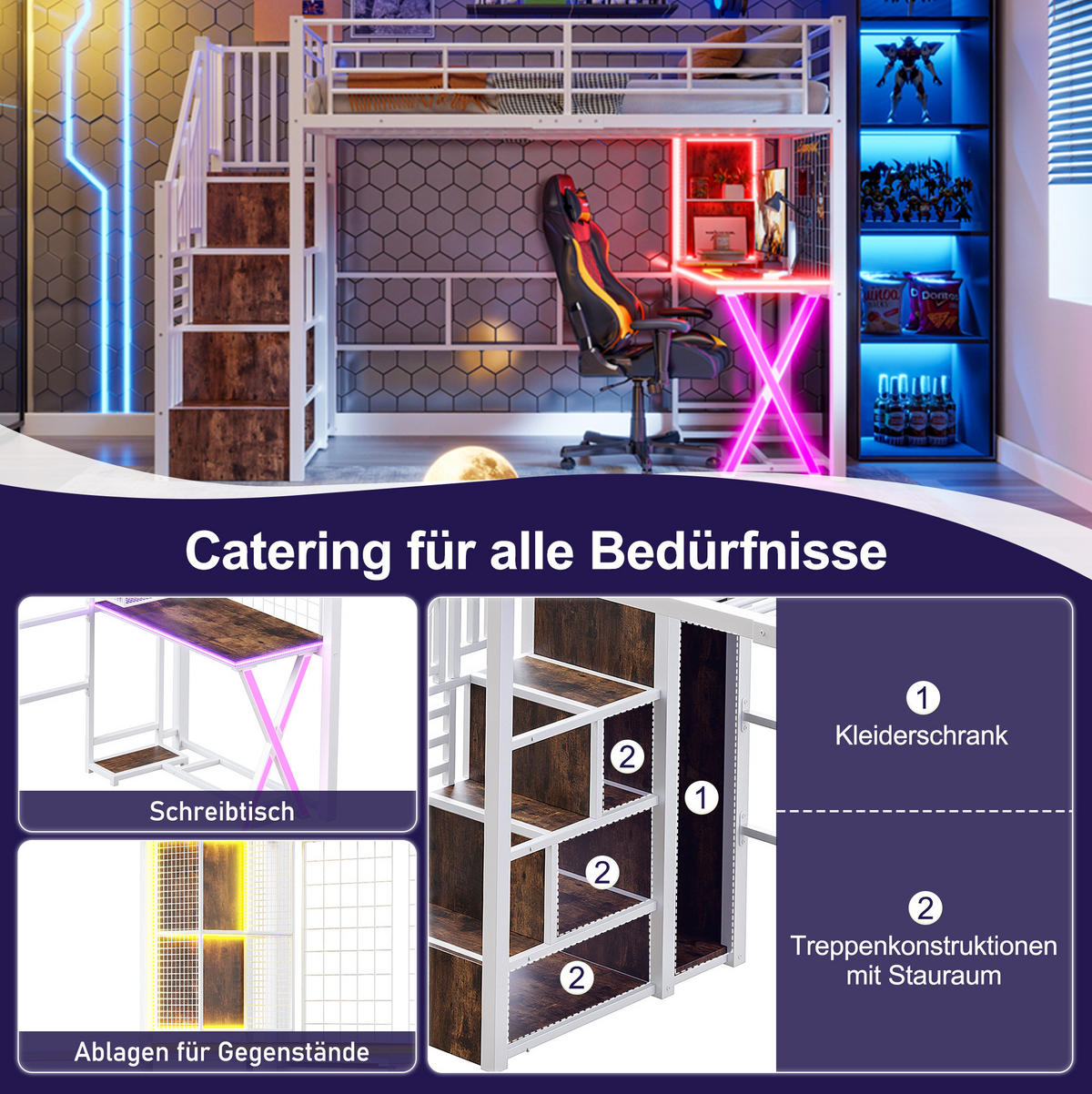 HOCHBETT 90/200 cm mit LED-Leuchten und Schreibtisch in Weiß mit Matratze - Weiß, Metall (90/200cm) - OKWISH