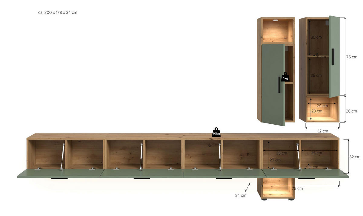 WOHNWAND inkl Beleuchtung Primo 6 tlg. (B/H/T: ca. 300/178/34 cm) in Artisan Oak /Smoke Green - Eiche Artisan, Holzwerkstoff (300/178/34cm)