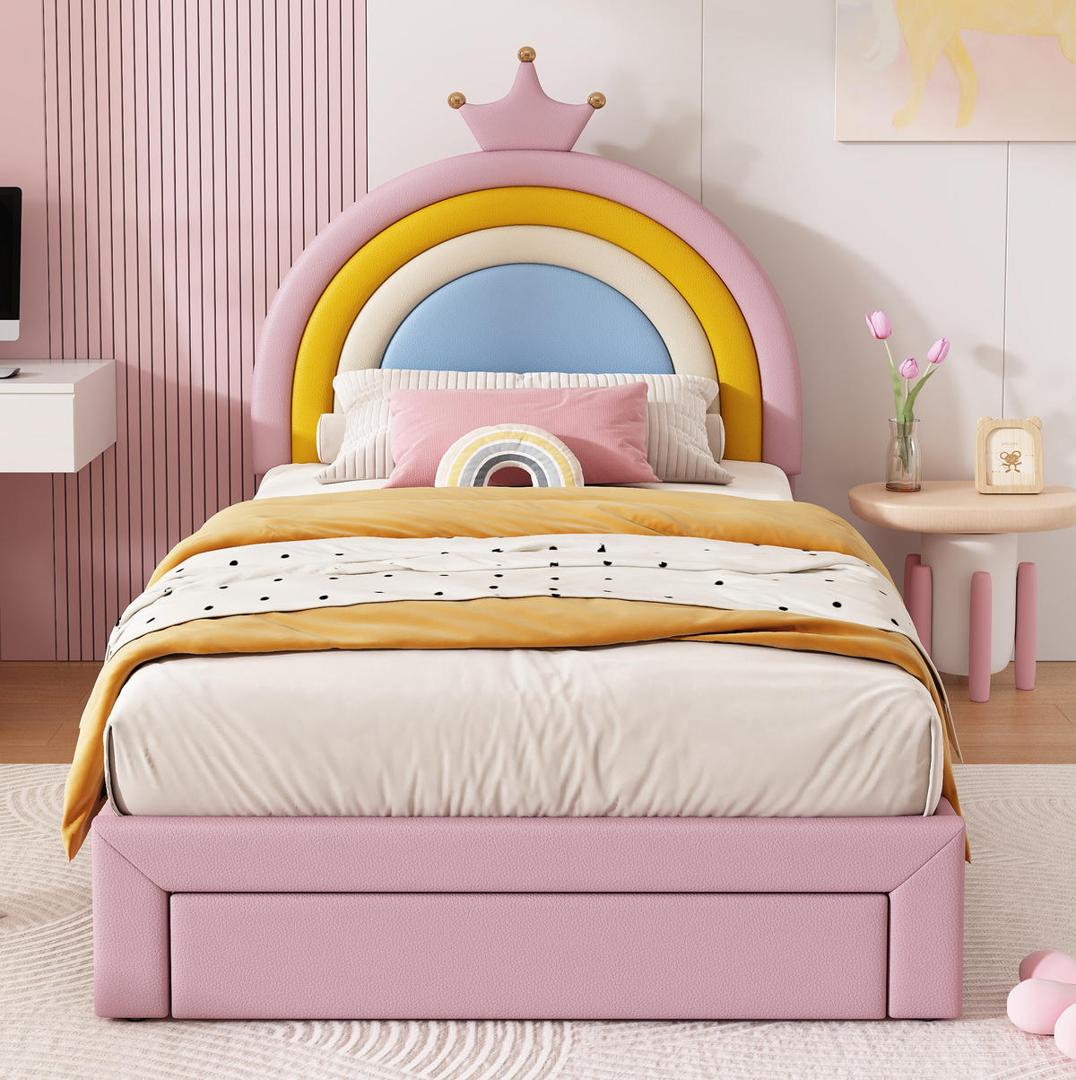 KINDER-POLSTERBETT aus PU 90x200 cm Rosa mit höhenverstellbarem Regenbogen-Kopfteil und Schublade - Pink, Kunststoff (90/200cm) - IVMEU