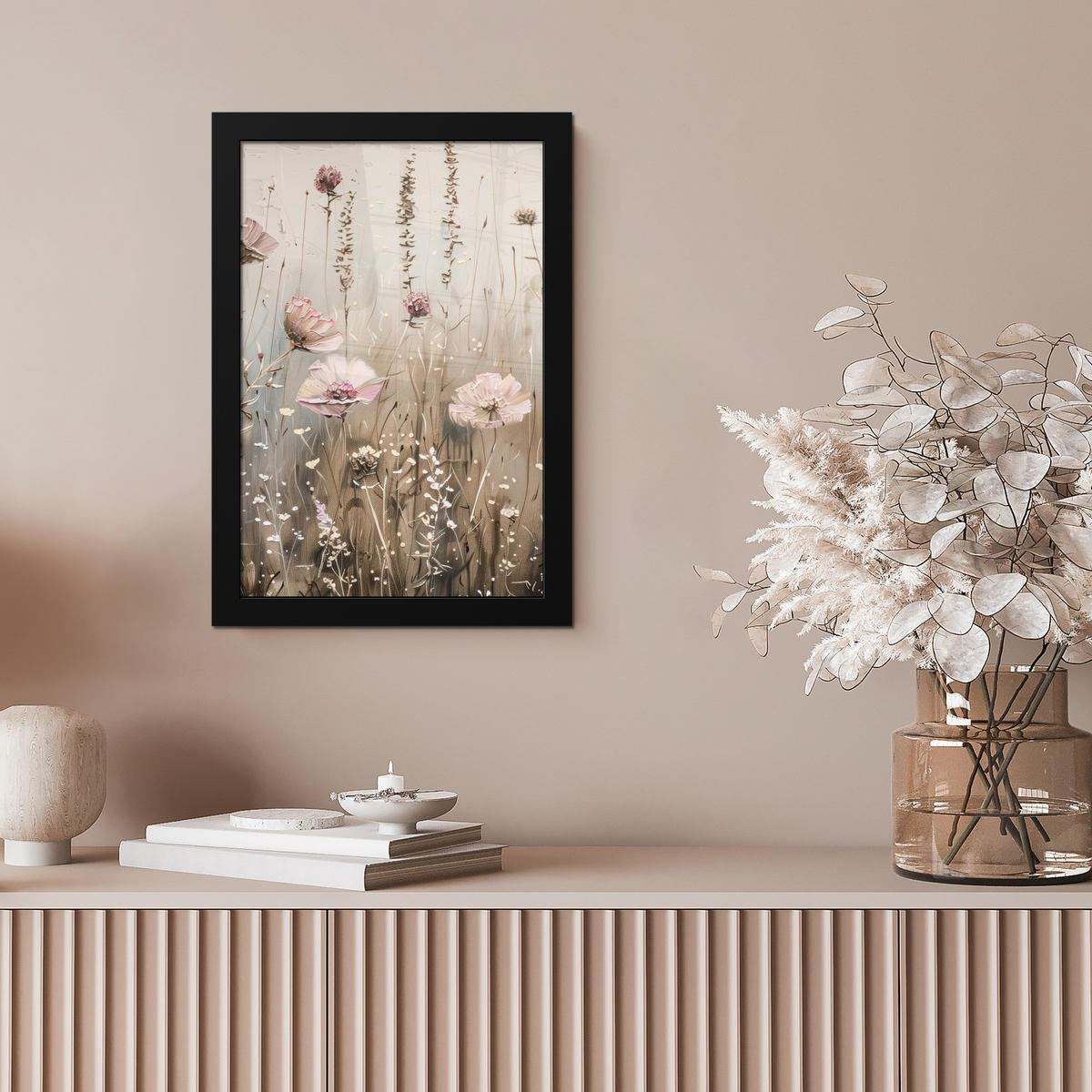 GERAHMTES BILD Blumen - Rosa - Modern - Beige 20x30 cm - Beige, Papier (20/30cm) - MuchoWow
