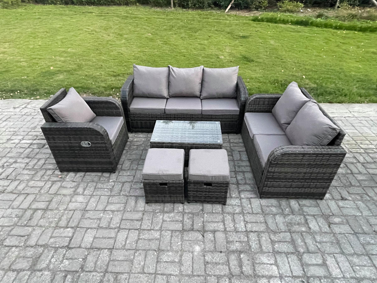 GARTENSET Polyrattan Dunkelgrau 6-Sitzer - Dunkelgrau/Grau, Glas/Kunststoff - Fimous