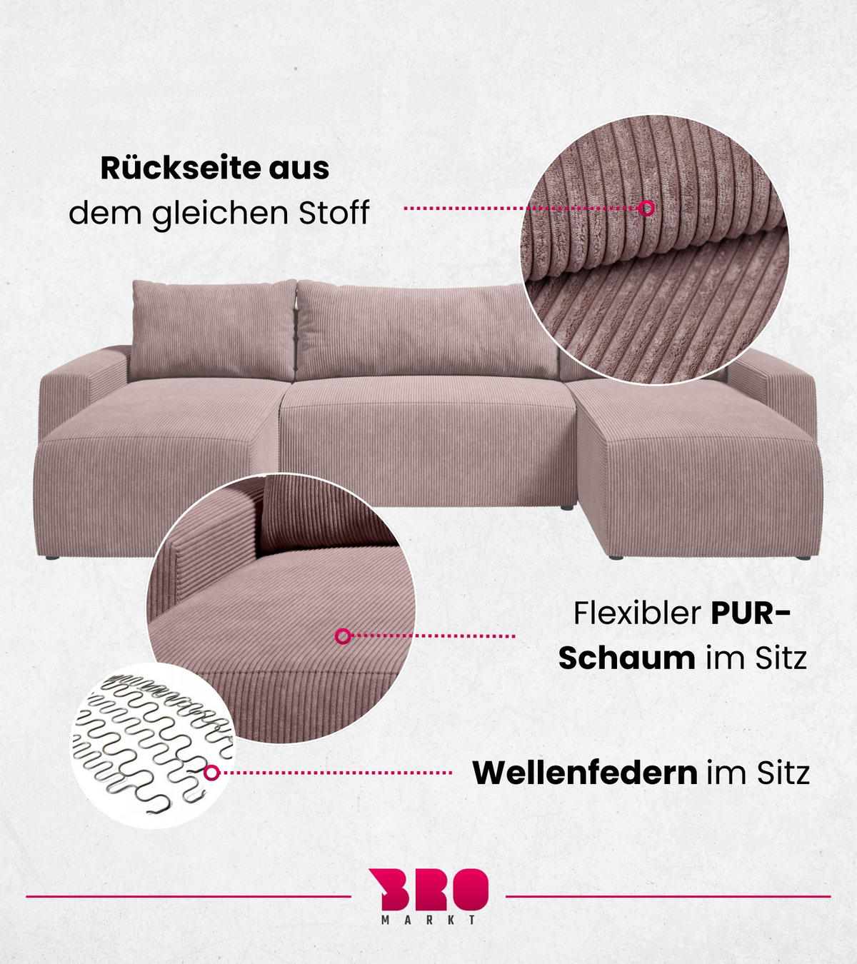 WOHNLANDSCHAFT Plush mit Schlaffunktion Rosa Cord - Rosa, Kunststoff/Textil (315/72/145cm) - Bromarkt