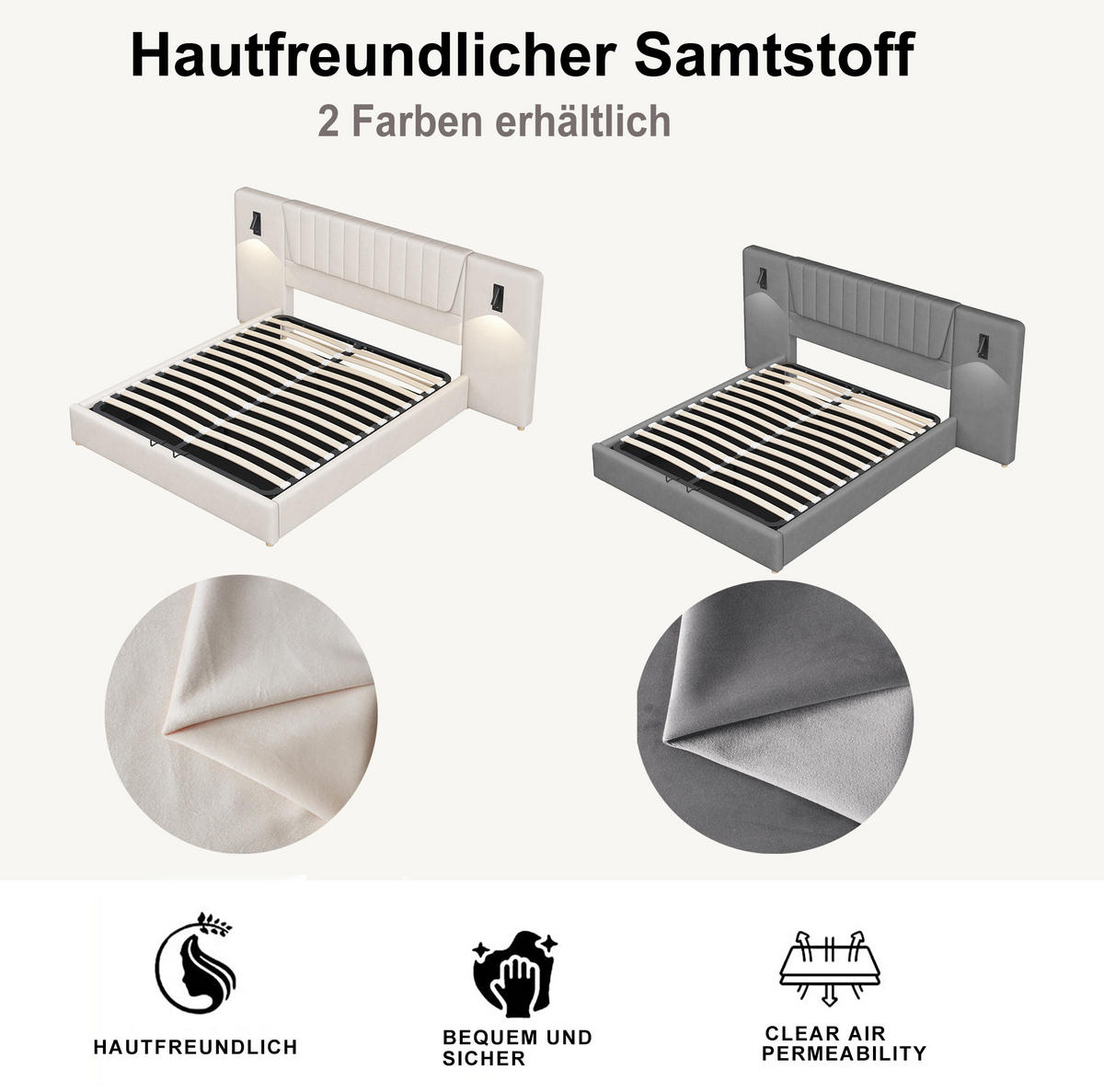 POLSTERBETT 180/200 cm in Grau mit Stauraum, USB-Anschlüssen und Leselampen - Grau, Textil (180/200cm) - Flora Grace
