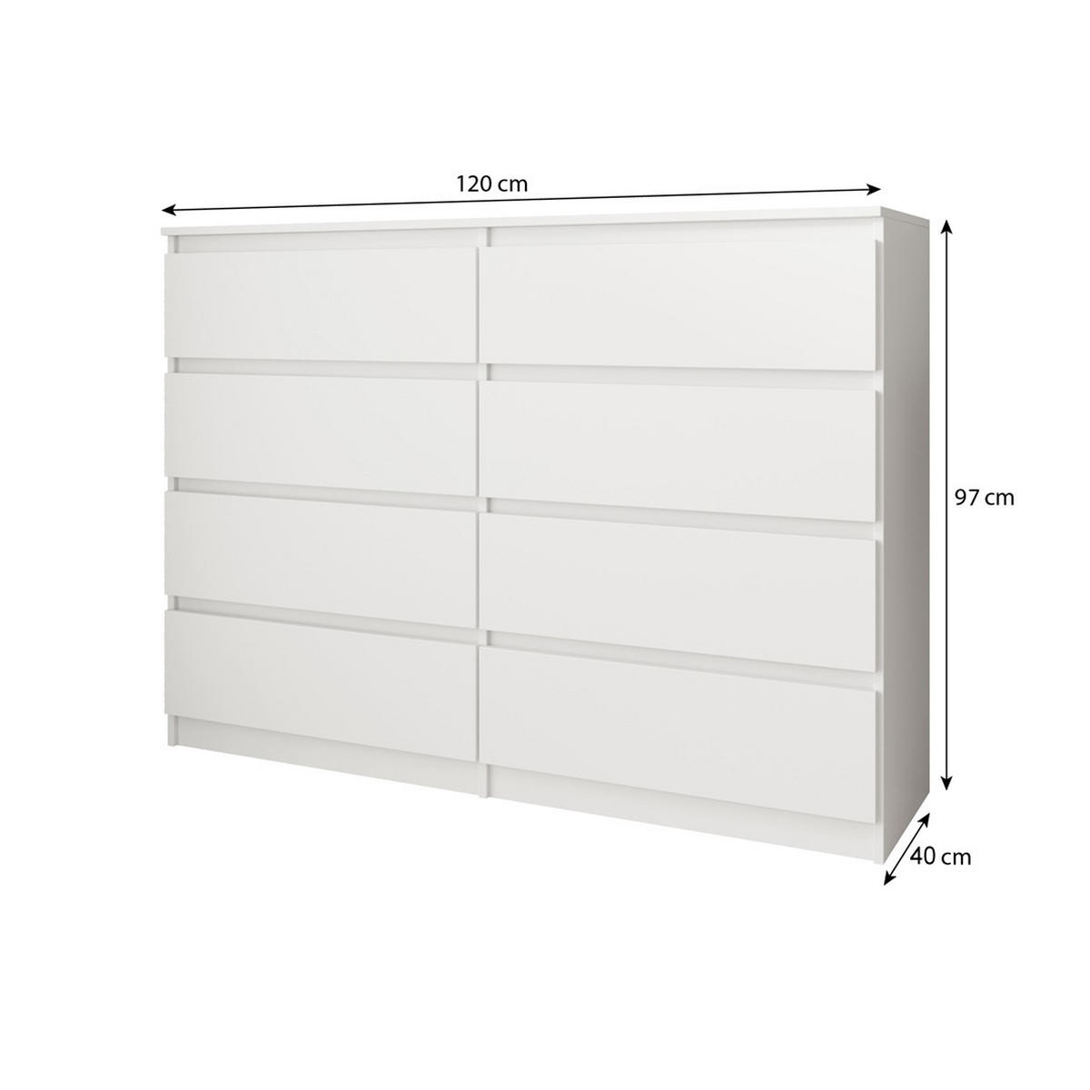 KOMMODE Look 120 cm mit acht Schubladen, weiß - Weiß, Holzwerkstoff (120/97/40cm) - Beautysofa