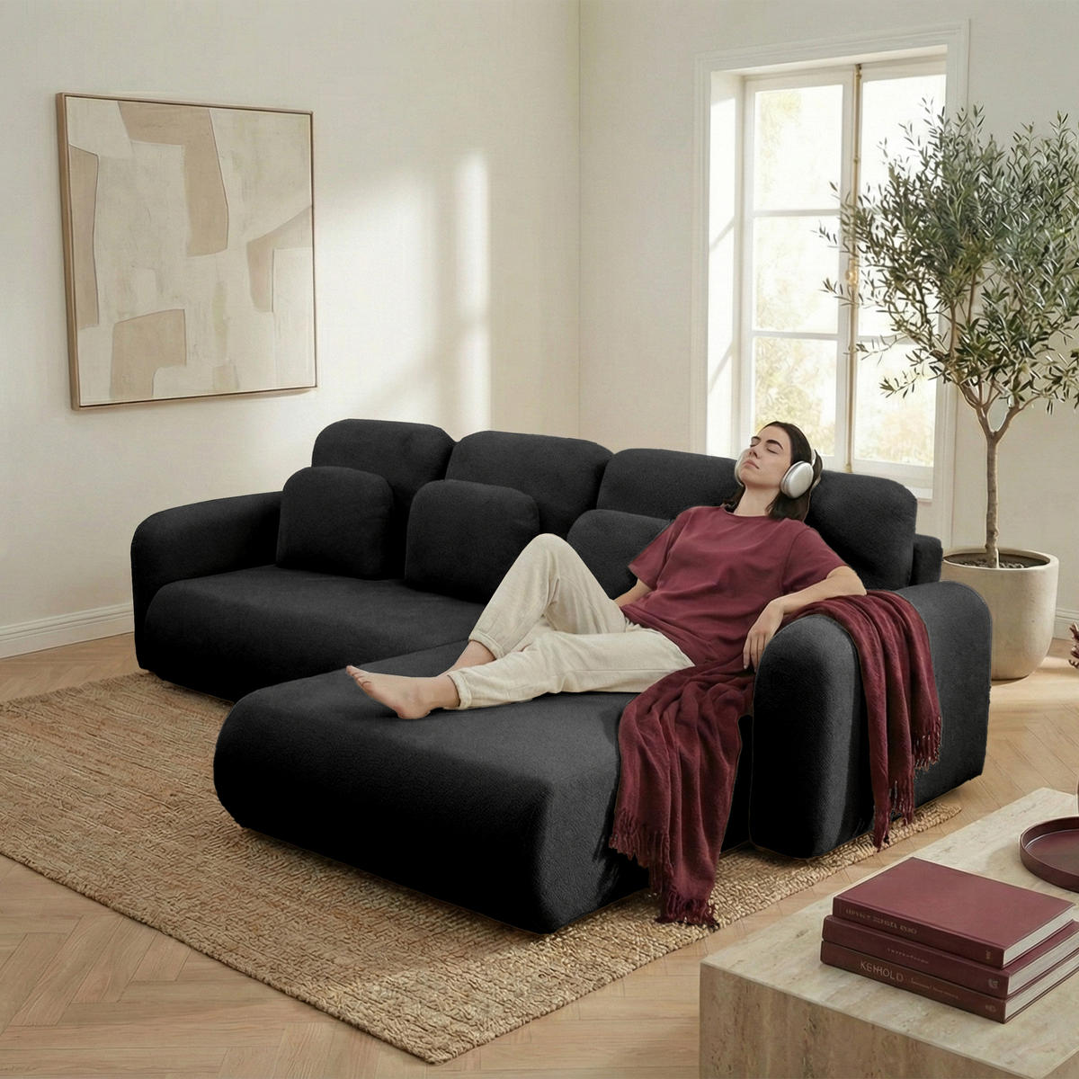 ECKSOFA NEST Universal mit Liegeflache 157x240 cm - Schwarz, Textil (280/187cm) - Muffo