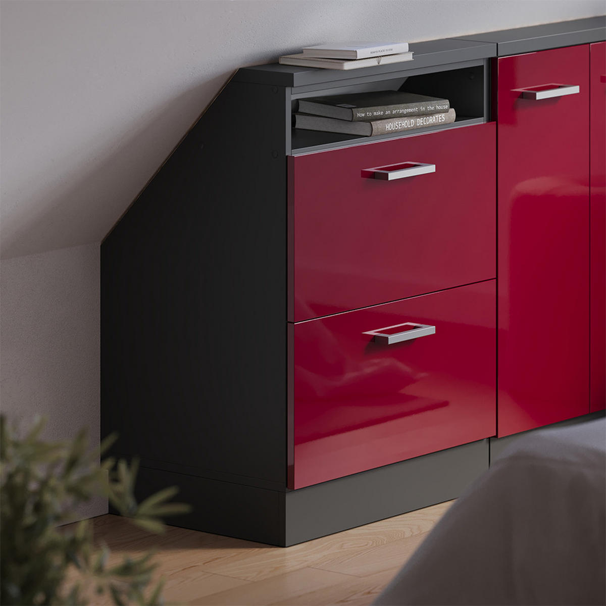 DACHSCHRÄGENSCHRANK Rion Rot Hochglanz/Anthrazit mit 2 Schubladen - Anthrazit/Rot, Holzwerkstoff (60/81.6/46cm) - Vicco