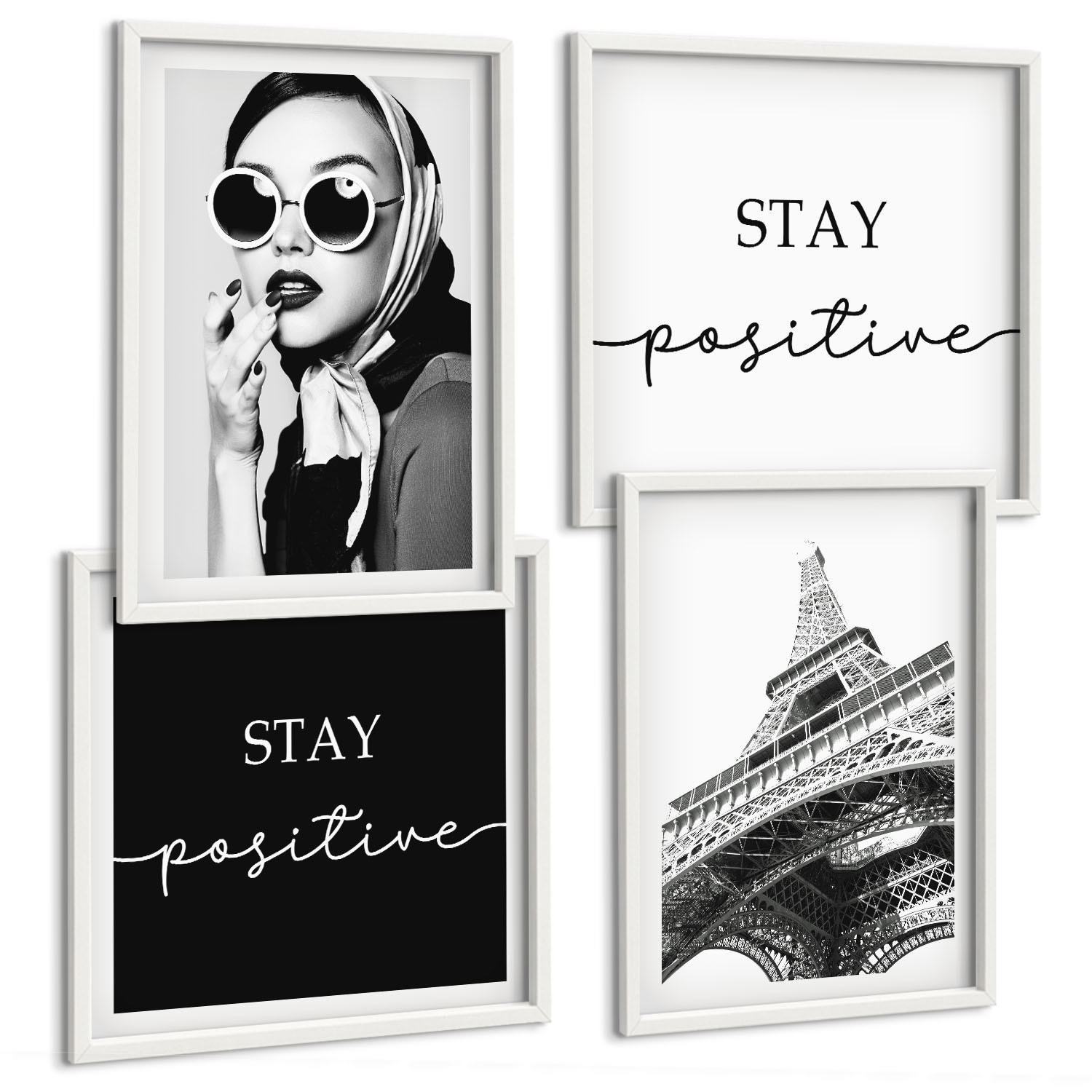 BILDER SET 4er Set - 50x50 cm & 40x60 cm Weißer Rahmen - Porträts, Eiffelturm-Slogans - Weiß, Kunststoff (50/50cm) - TULUP