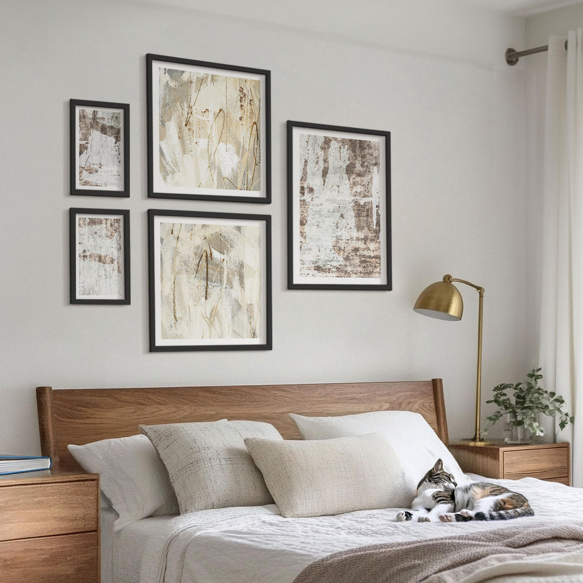 WANDBILDER 5er-Set - 50x50 cm & 20x30 cm & 40x60 cm Schwarzer Rahmen - Abstrakte Muster, weiß, braun - Schwarz, Kunststoff (40/60cm) - ArtPrintCave