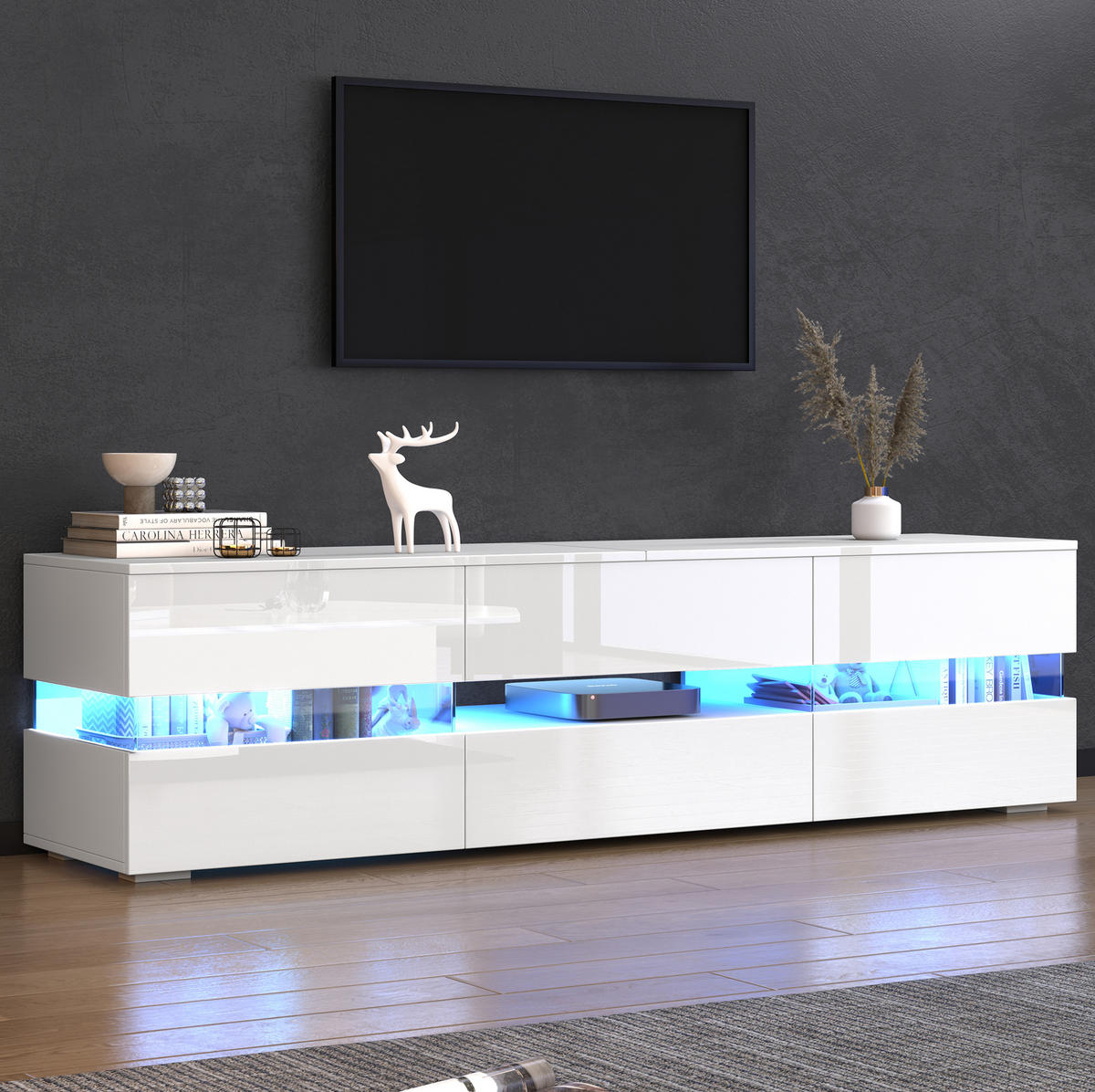 TV-SCHRANK 160/39/45 cm weiß Hochglanz mit LED-Beleuchtung 2 Türen und 1 Schublade - Weiß, Holzwerkstoff (160/45/39cm) - OKWISH