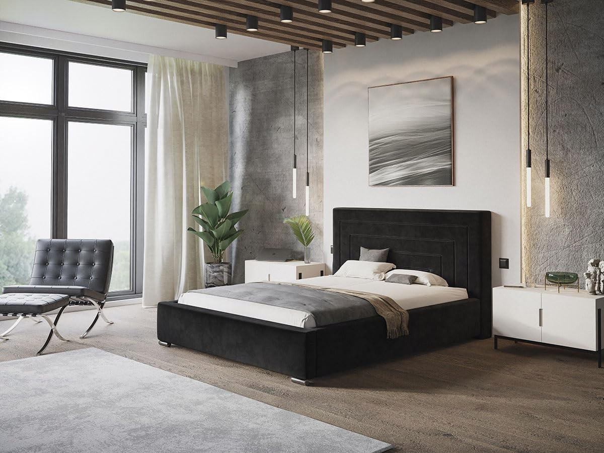 POLSTERBETT Nizza mit Kopfteil, 160x200 cm, Doppelbett mit Bettkasten und Lattenrost aus Holz, Velourstoff Schwarz - Schwarz, Holz/Textil (160/200cm) - Alpi-Möbel