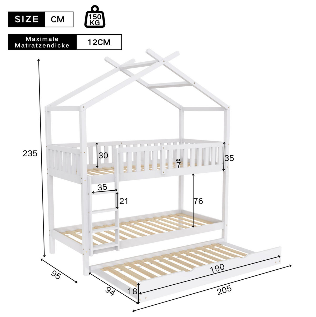 HAUSBETT 90/200 cm Weiß aus Kiefernholz mit Ausziehbett und 3 Schlafplätzen - Weiß, Holz (90/200cm) - Flora Grace