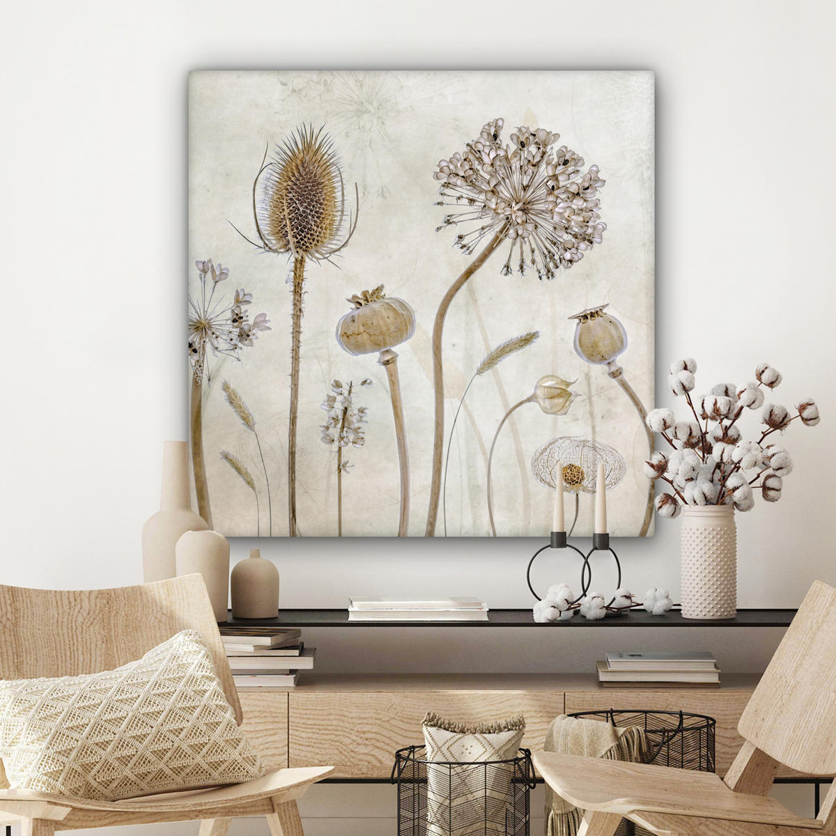 LEINWANDBILD Blumen - Aquarell - Stilleben - Braun - Vintage 90x90 cm - Beige, Textil (90/90cm) - MuchoWow