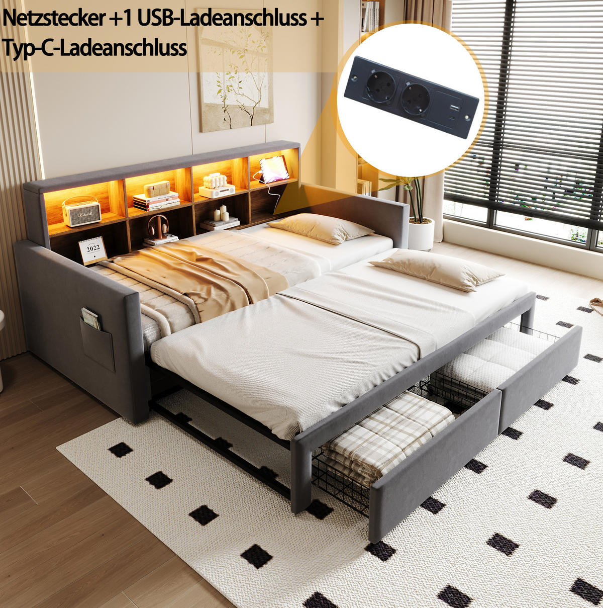 ČALÚNENÁ posteľ zo zamatu 90x190 cm tmavosivá výsuvná s LED osvetlením, USB-C a úložným čelom - tmavosivá, textil (90/190cm) - Modfu