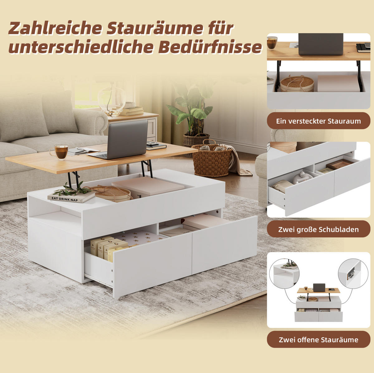 COUCHTISCH 100/50/40 cm höhenverstellbar mit 2 Schubladen und verborgenem Stauraum, Weiß/Holzfarbe - Weiß, Holzwerkstoff (100/50/40cm) - Redom