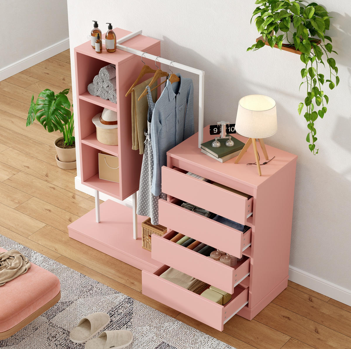 KLEIDERSCHRANK 100/135/40 cm Pink aus Spanplatte mit 4 Schubladen - Pink, Holzwerkstoff (40/135/140cm) - OKMYHOME