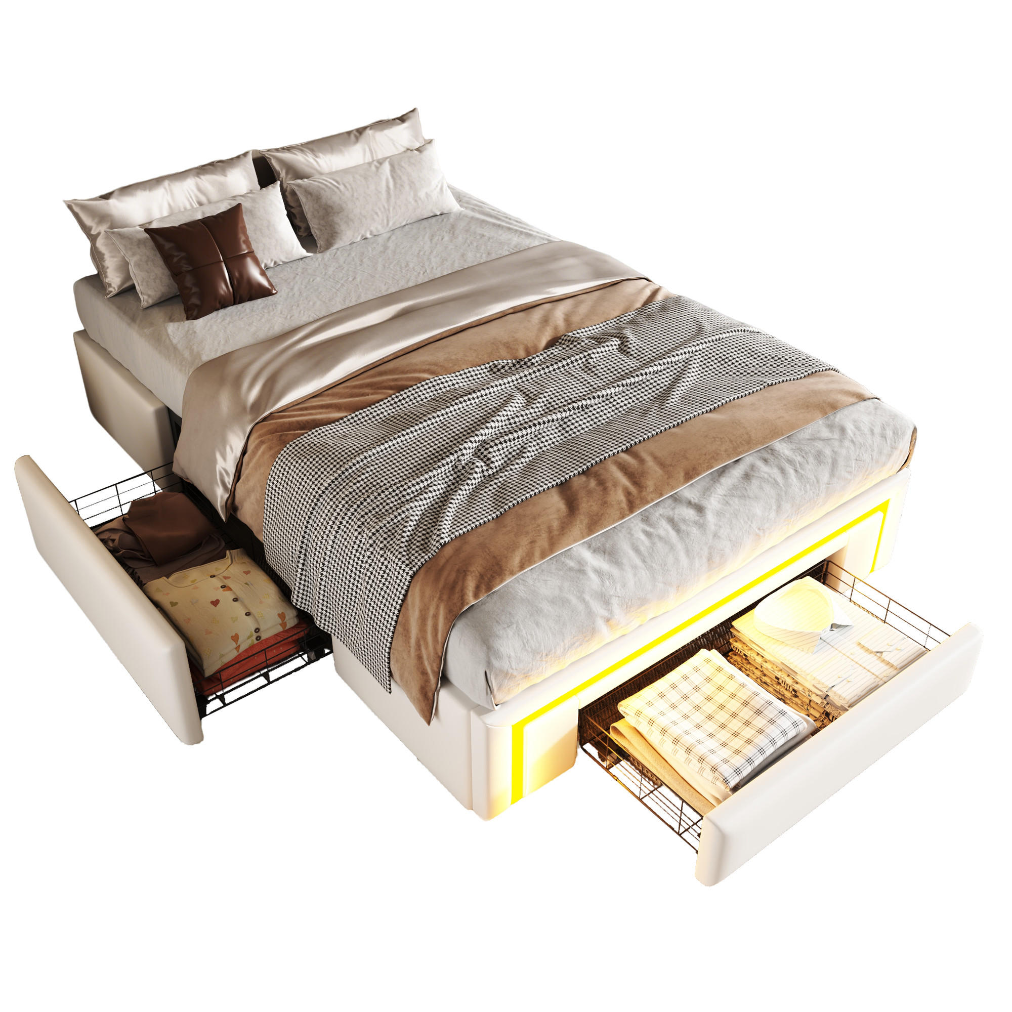 BETT 90/200 cm in Weiß mit Schubladen und LED - Weiß, Holzwerkstoff/Textil (90/200cm) - WISHDOR