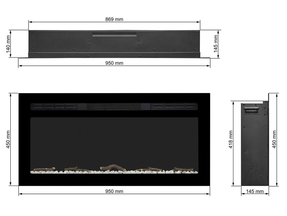 WAND-EINBAUKAMIN AF37WR – Breite 90 cm, 3D-Flammeneffekt, LED-Beleuchtung, Heizfunktion - Schwarz, Glas/Metall (95/45/14.5cm) - ArtiFlame