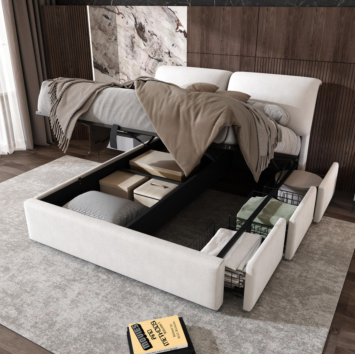 POLSTERBETT 140/200 cm beige aus Samt mit Bettkasten und 3 Schubladen - Beige, Holzwerkstoff (140/200cm) - OKWISH